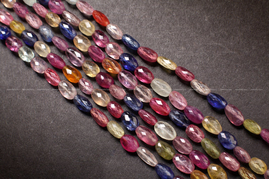 Multi Sapphire Faceted Oval, Natural 5x7-6x10mm Shaded Faceted clear AAA quality Puffed Oval Gemstone, Jewelry making Beads 6&quot;, 12&quot; Strand.