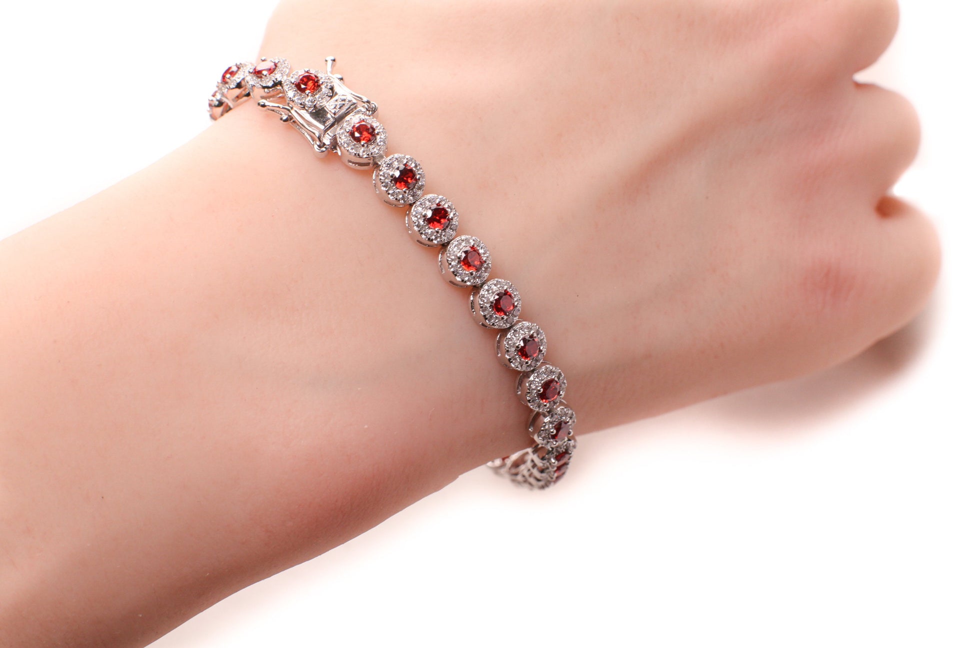 Garnet round shape 6mm CZ Diamond setting 925 Sterling Silver Tennis Bracelet with Double Safety Lock 7" beautiful gift