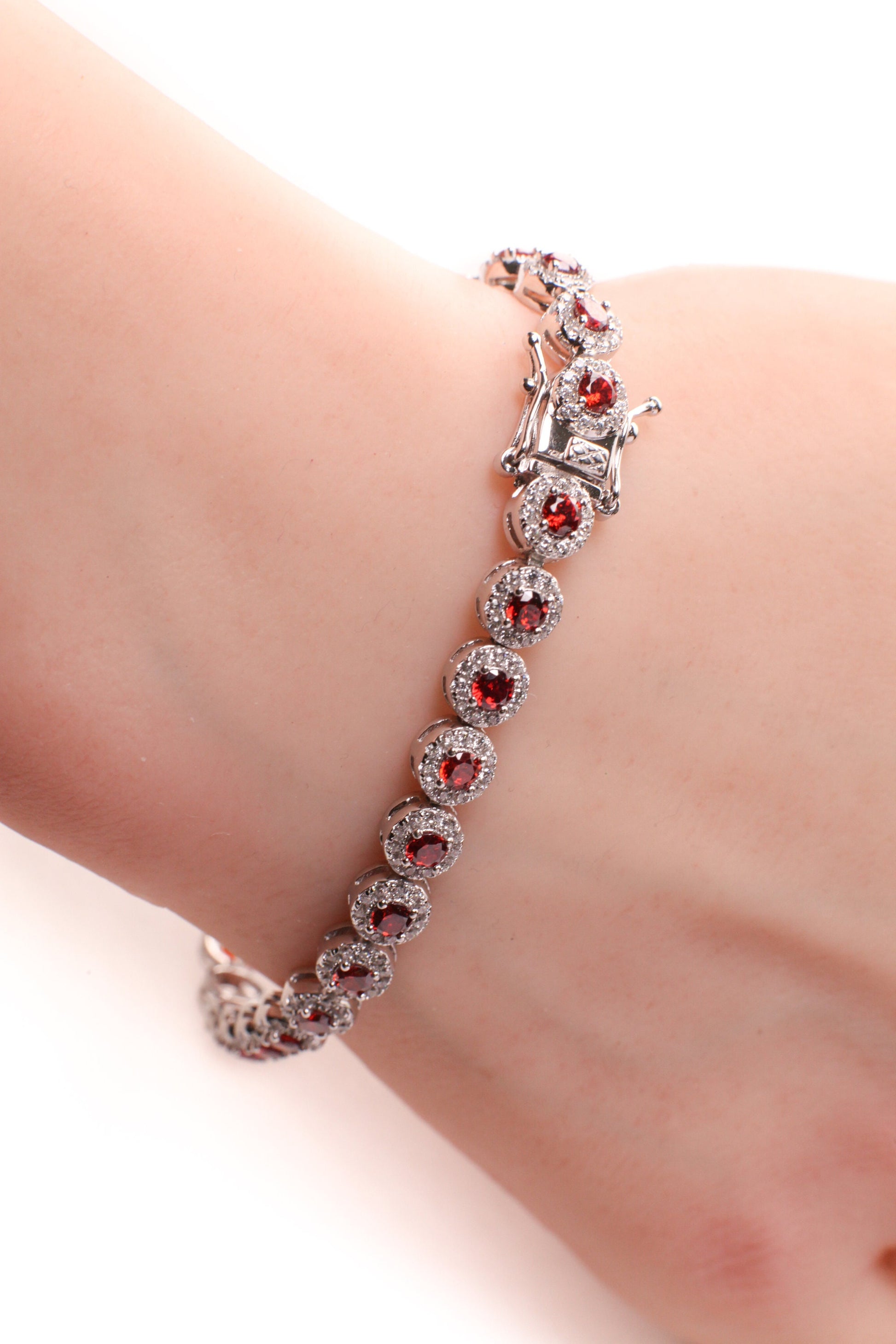 Garnet round shape 6mm CZ Diamond setting 925 Sterling Silver Tennis Bracelet with Double Safety Lock 7" beautiful gift