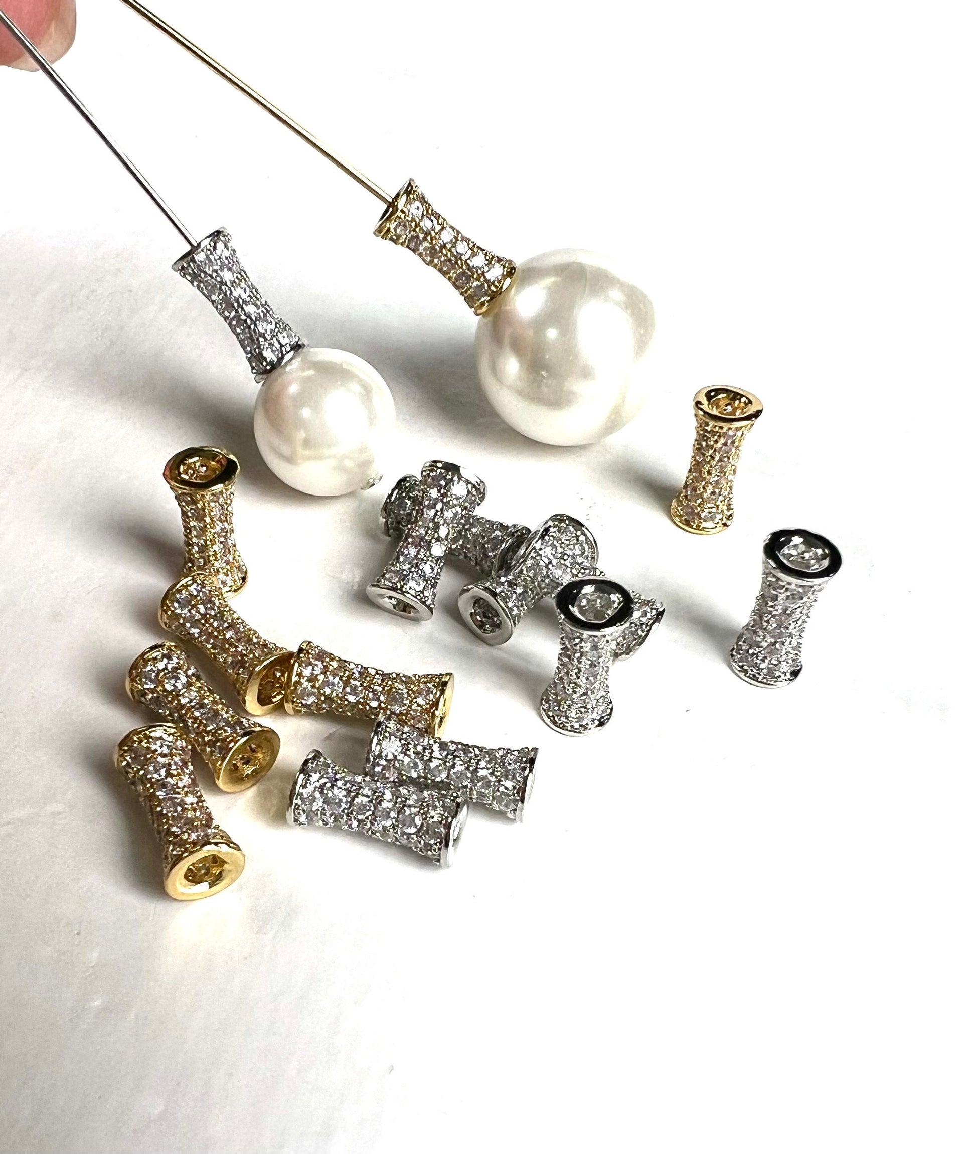 Cubic Zirconia CZ diamond Micro Pave dog bone drum tube spacer pendant center piece 4.5x9.5mm long. 1 piece