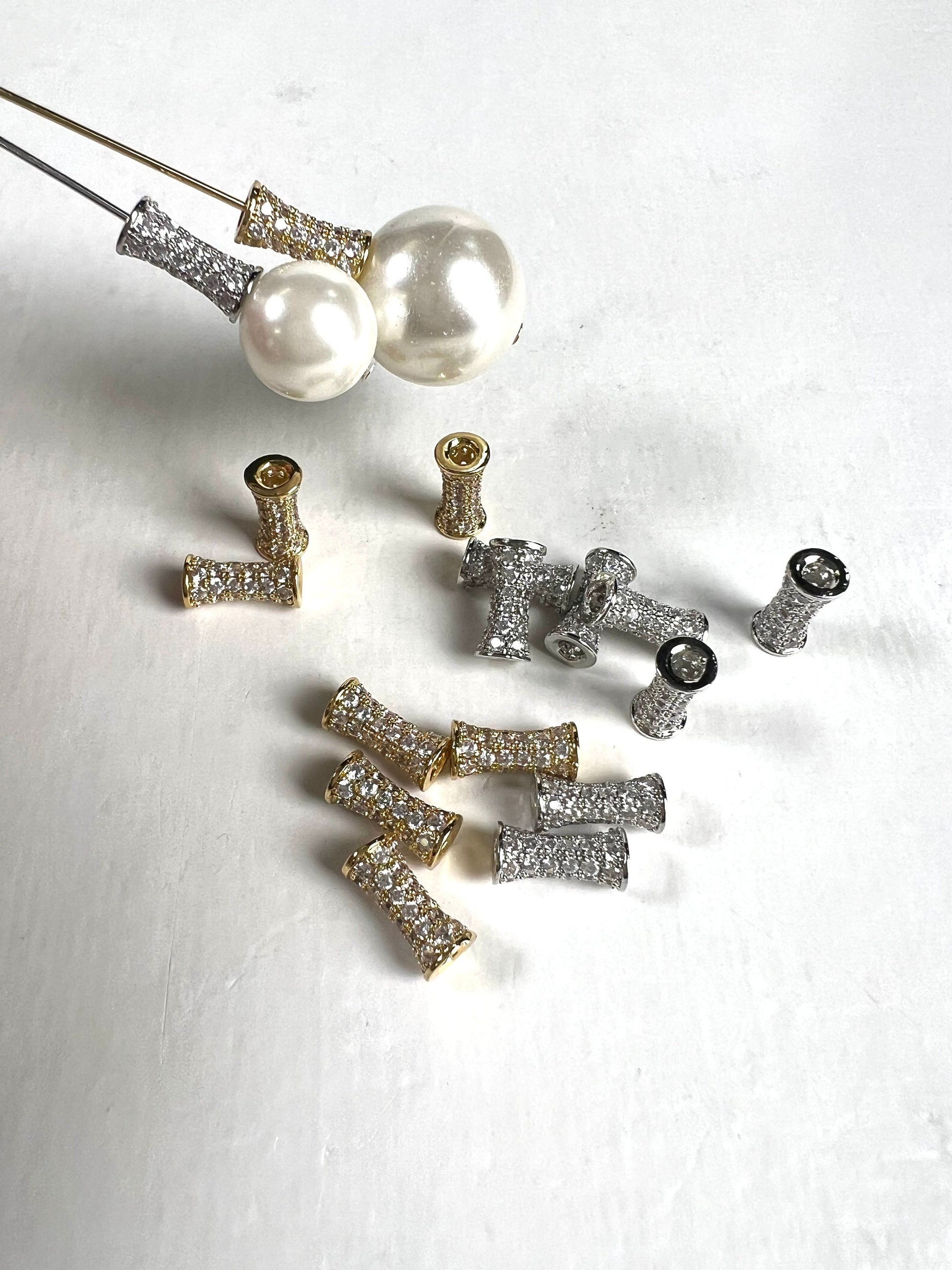 Cubic Zirconia CZ diamond Micro Pave dog bone drum tube spacer pendant center piece 4.5x9.5mm long. 1 piece