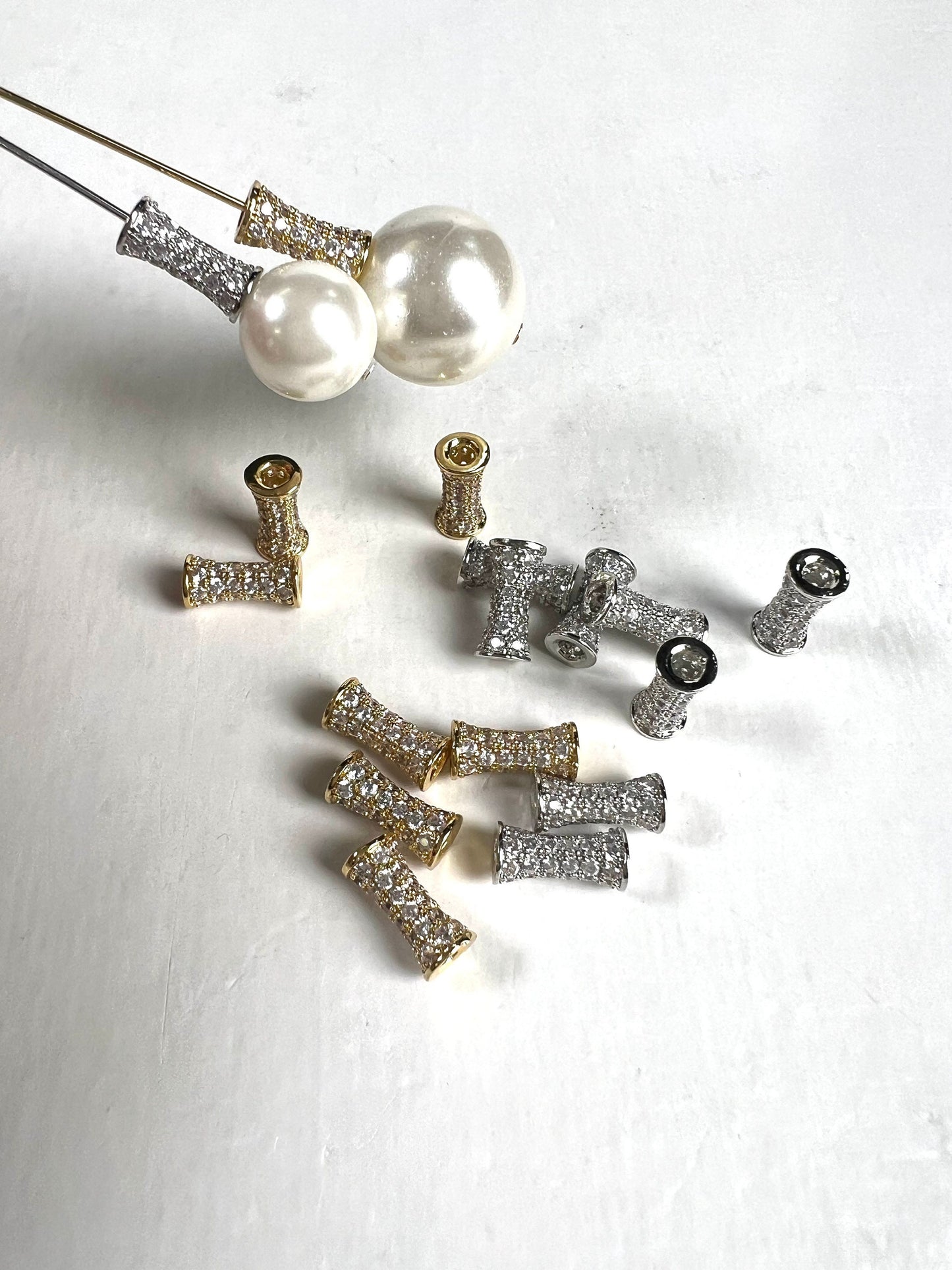 Cubic Zirconia CZ diamond Micro Pave dog bone drum tube spacer pendant center piece 4.5x9.5mm long. 1 piece