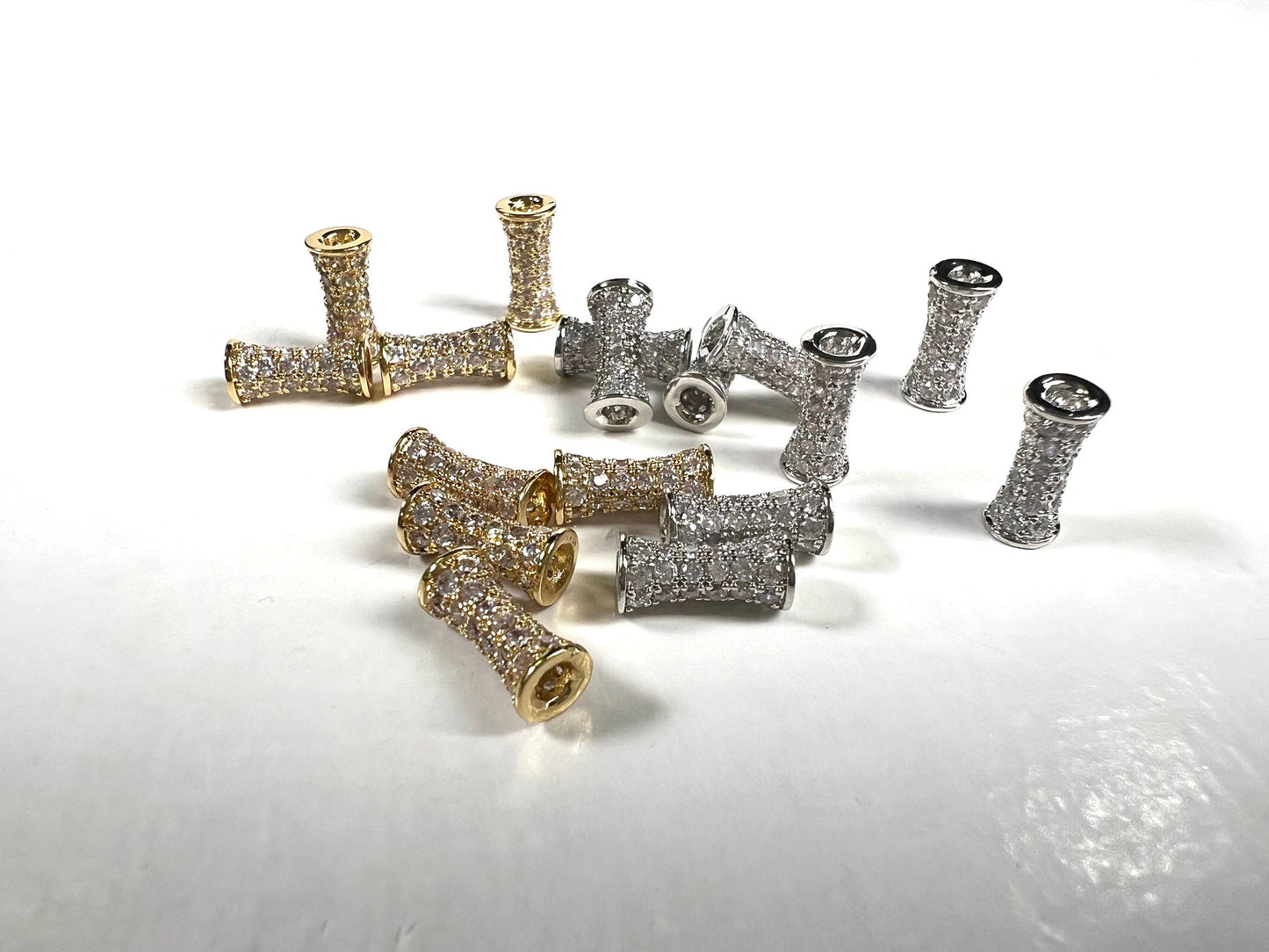 Cubic Zirconia CZ diamond Micro Pave dog bone drum tube spacer pendant center piece 4.5x9.5mm long. 1 piece
