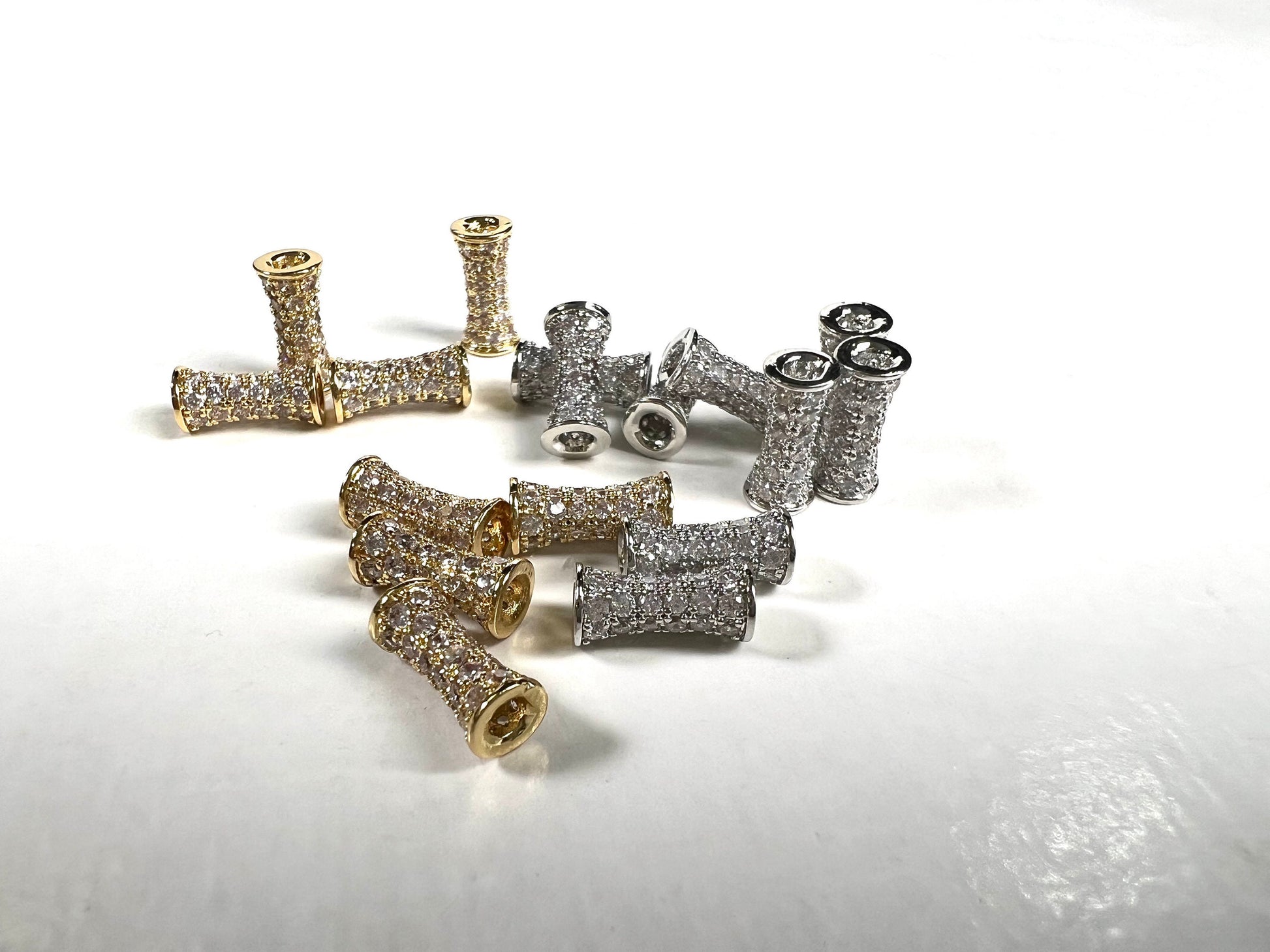 Cubic Zirconia CZ diamond Micro Pave dog bone drum tube spacer pendant center piece 4.5x9.5mm long. 1 piece