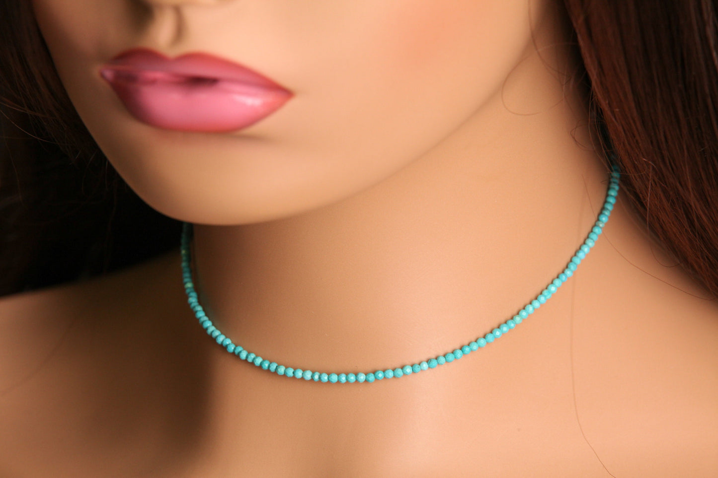 Natural Blue Turquoise Sleeping Beauty 2mm Faceted Round sterling Silver Clasp Dainty Choker Layering Elegant Necklace, December Birthstone