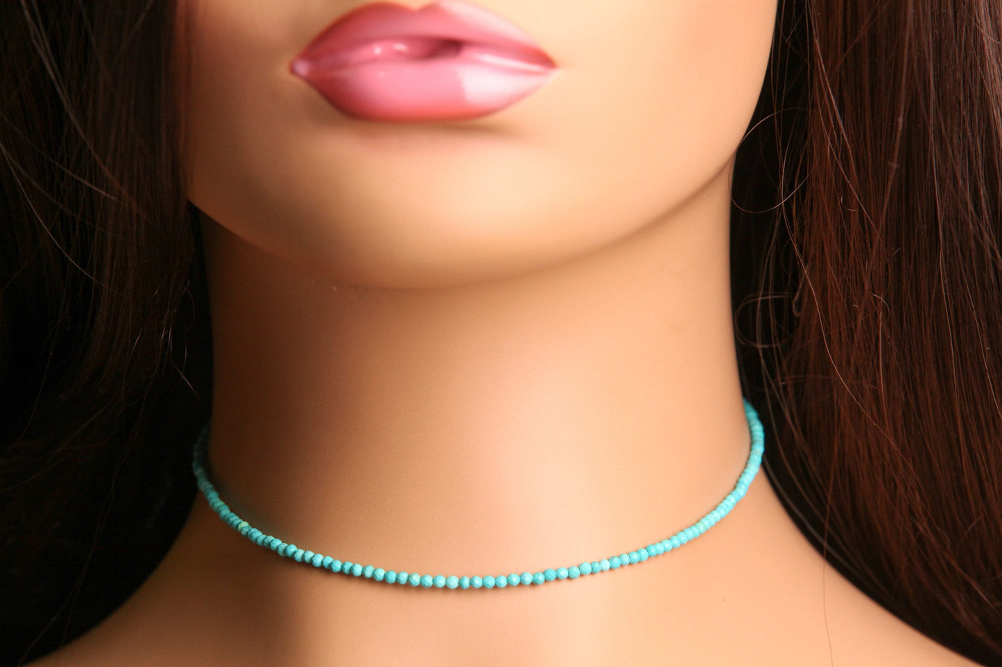 Natural Blue Turquoise Sleeping Beauty 2mm Faceted Round Silver Clasp Dainty Choker Layering Elegant Necklace, December Birthstone
