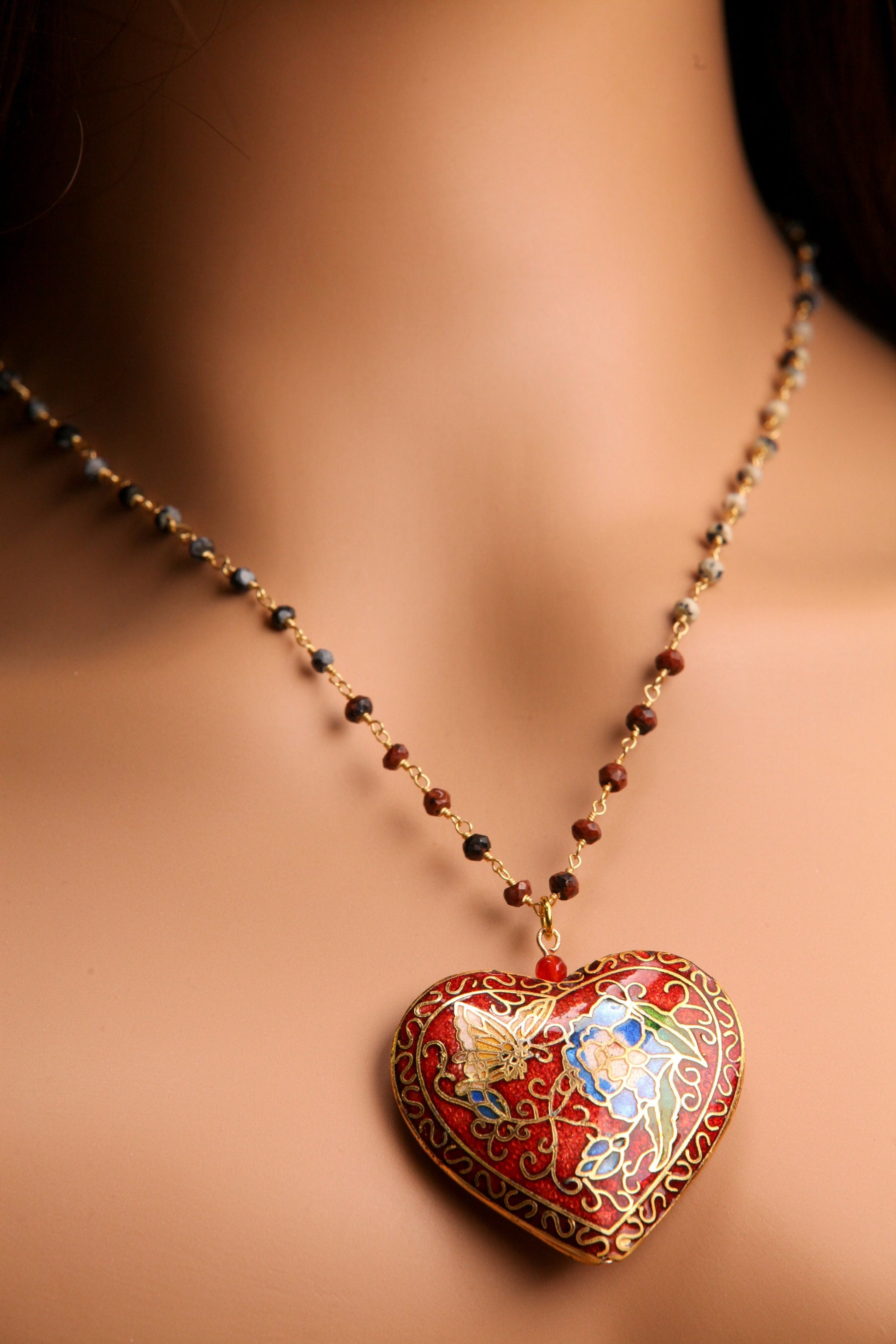 Cloisonné Pendant Vintage Heart Revisable Floral K2 Jasper, Mahogany Obsidian, Snow Flake Obsidian beaded chain 20+ 3” extension necklace