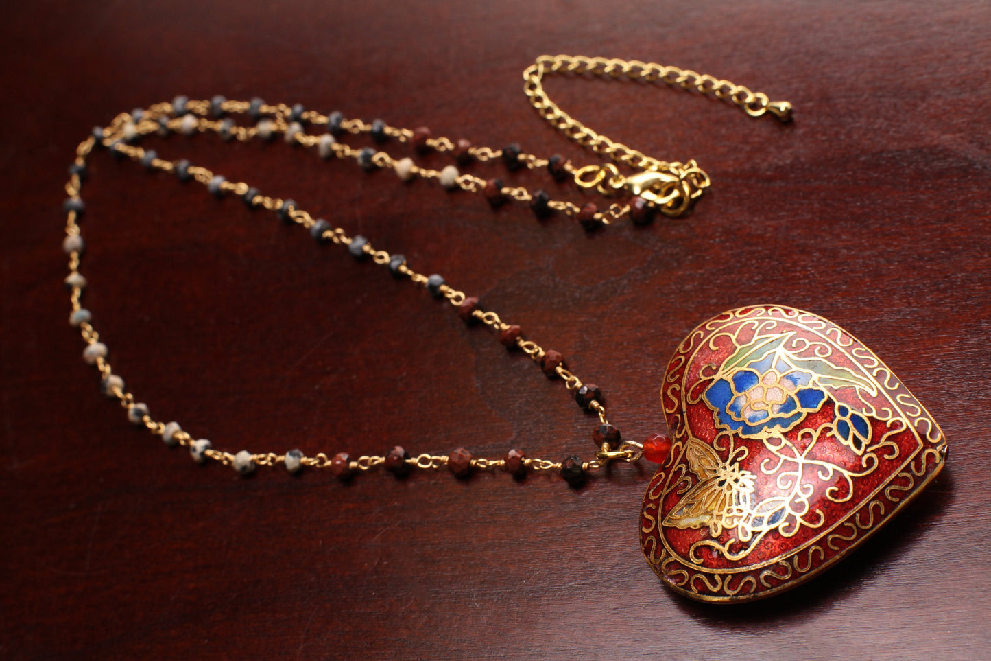 Cloisonné Pendant Vintage Heart Revisable Floral K2 Jasper, Mahogany Obsidian, Snow Flake Obsidian beaded chain 20+ 3” extension necklace