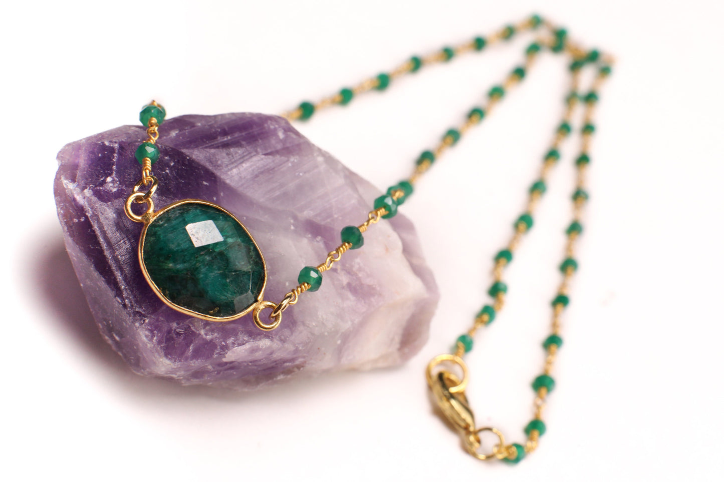 Genuine Emerald Gold Bezel Pendant with Matching Emerald Beaded chain Gold vermeil Necklace.