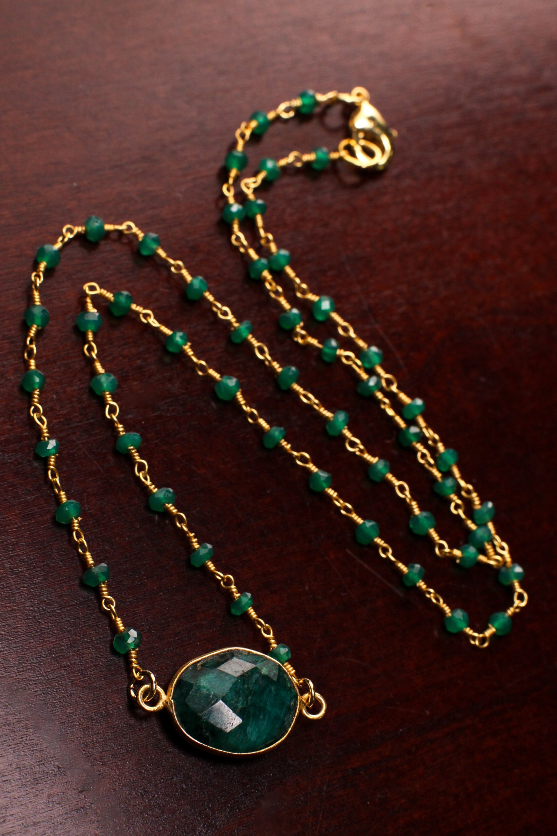 Genuine Emerald Gold Bezel Pendant with Matching Emerald Beaded chain Gold vermeil Necklace.