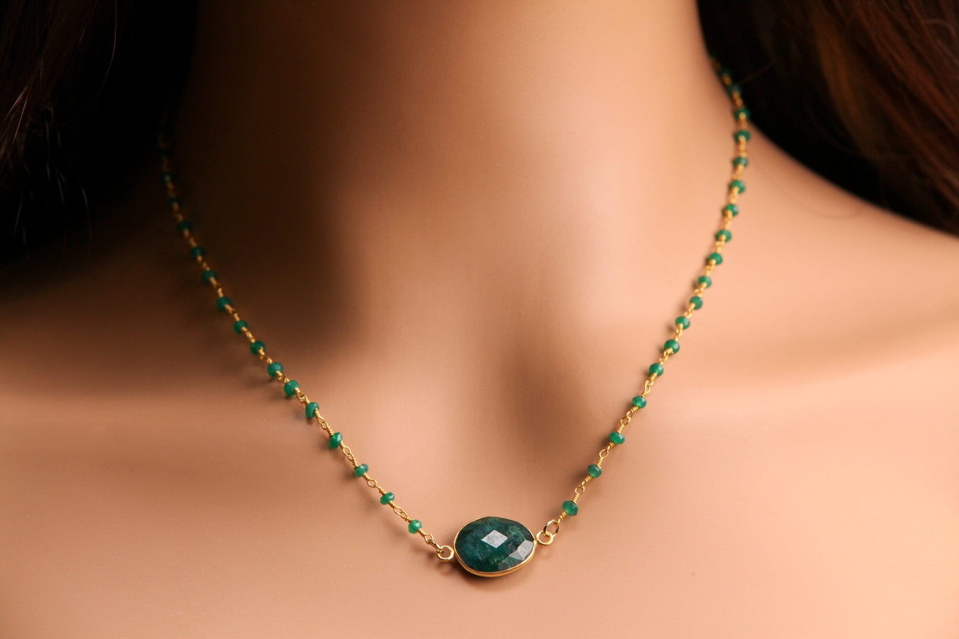 Genuine Emerald Gold Bezel Pendant with Matching Emerald Beaded chain Gold vermeil Necklace.