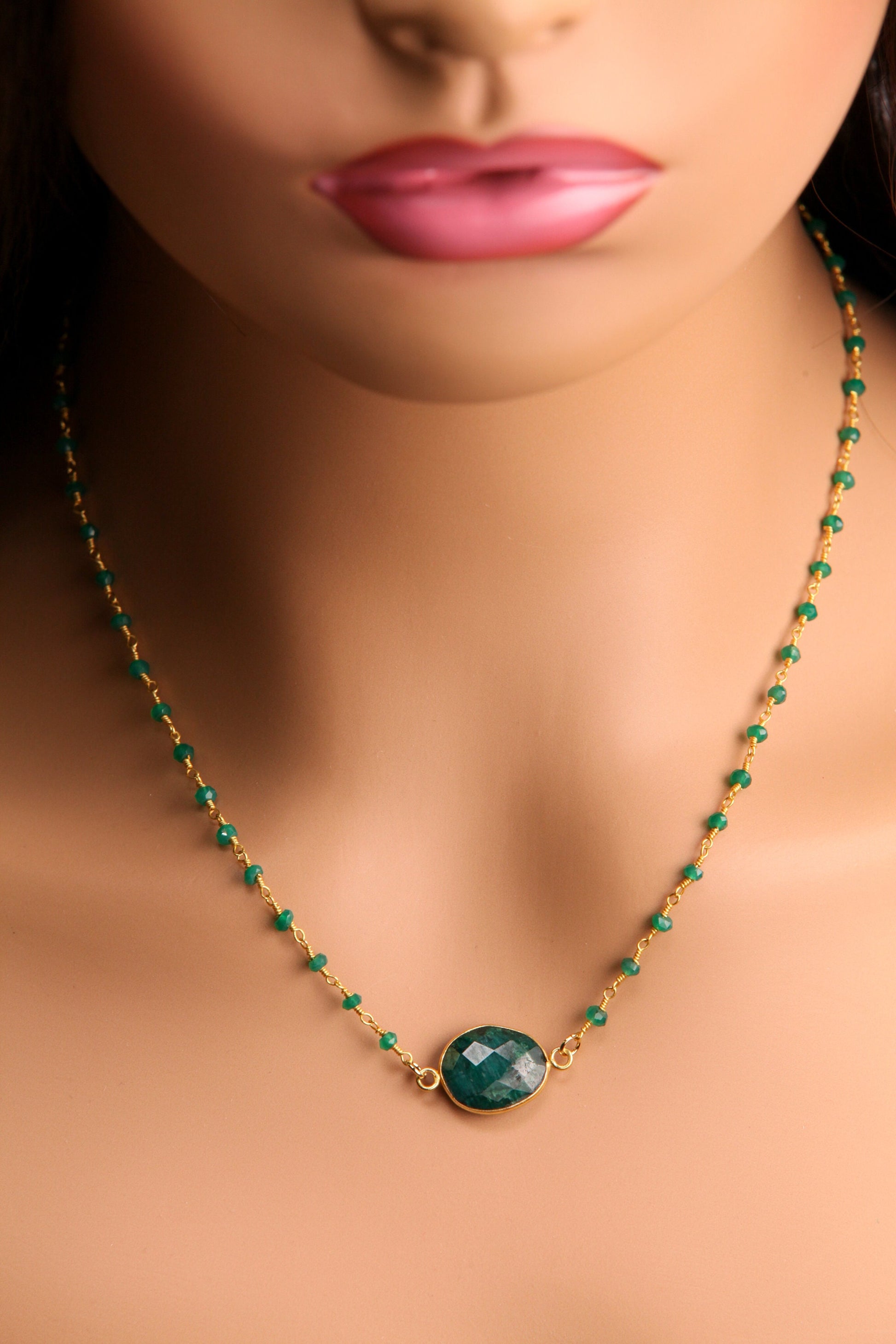 Genuine Emerald Gold Bezel Pendant with Matching Emerald Beaded chain Gold vermeil Necklace.