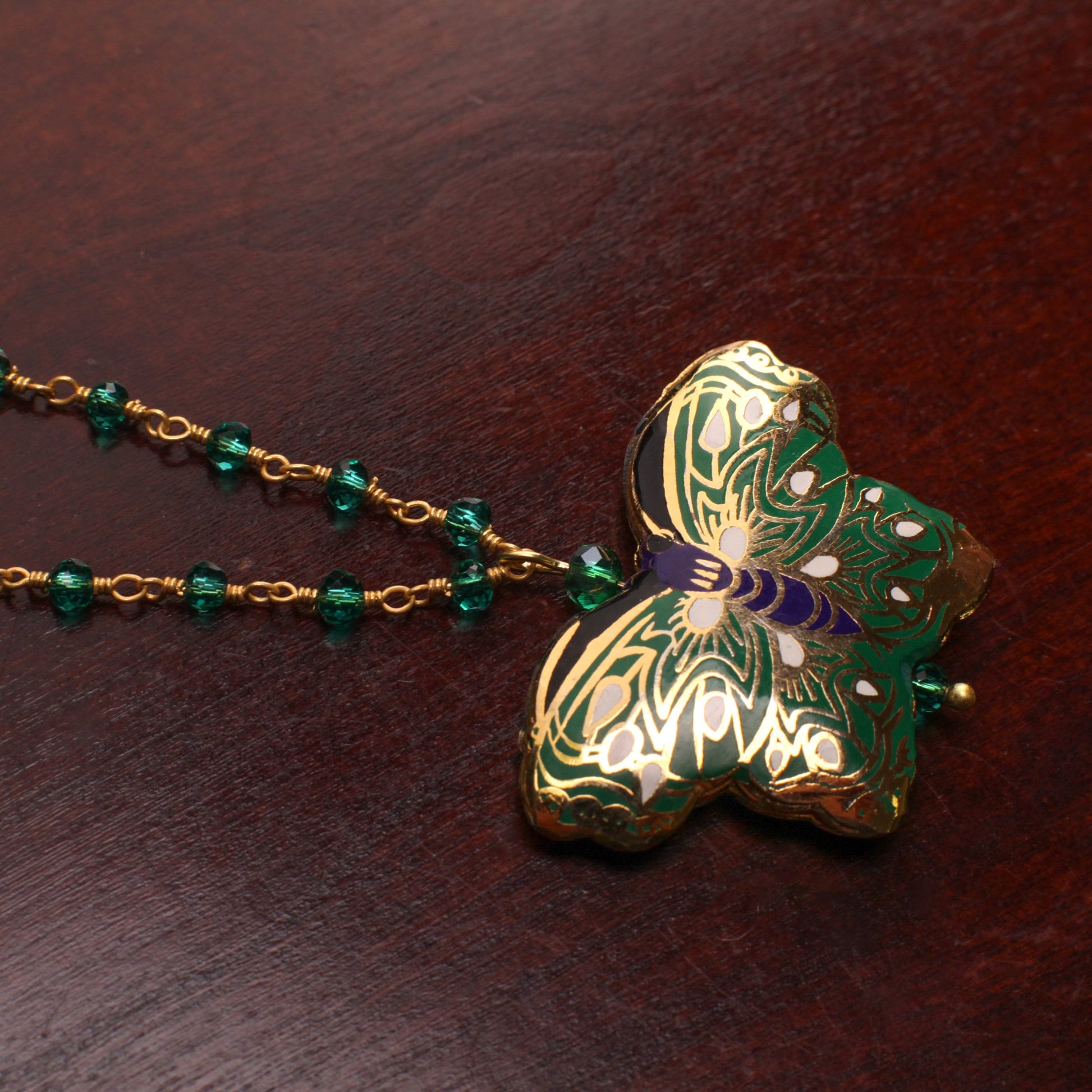 Traditional Cloisonné Double Sided Vintage Butterfly pendant with matching Green Onyx Necklace 18”plus 3"Extension. Beautiful Butterfly gift