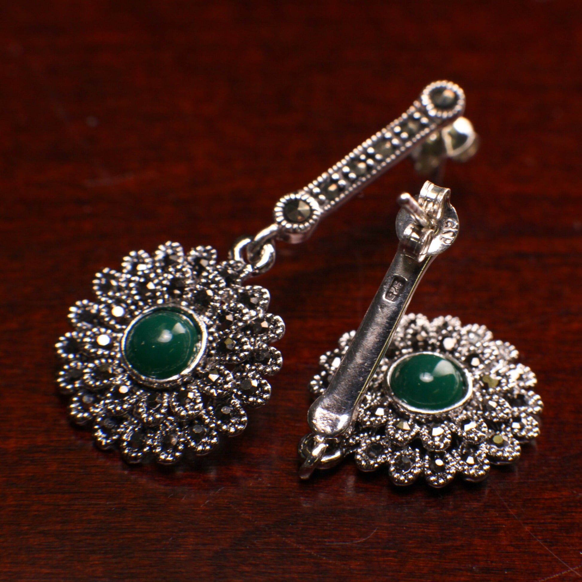 925 Sterling Silver Green Onyx 17mm Fancy Marcasite dangling stud earrings. 925 stamped, Antique vintage gift for her