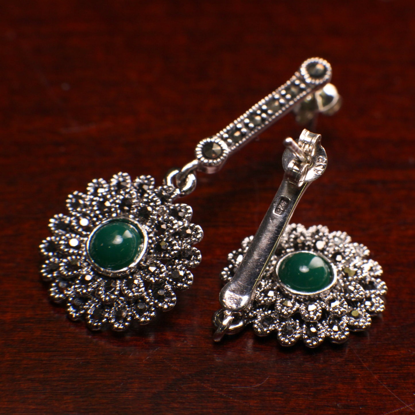 925 Sterling Silver Green Onyx 17mm Fancy Marcasite dangling stud earrings. 925 stamped, Antique vintage gift for her