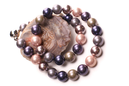Tri color pink purple 12mm Multi South Seashell Pearl Necklace, Bridal ,Evening wear, party, Elegant gift