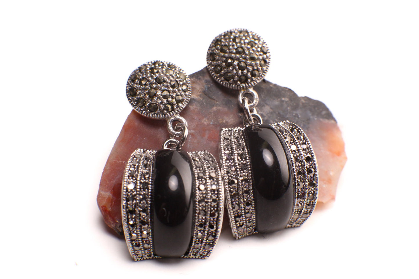 Marcasite Black Onyx Earrings 925 Sterling Silver Post, Vintage, Antique Marcasite Earrings Gift for her