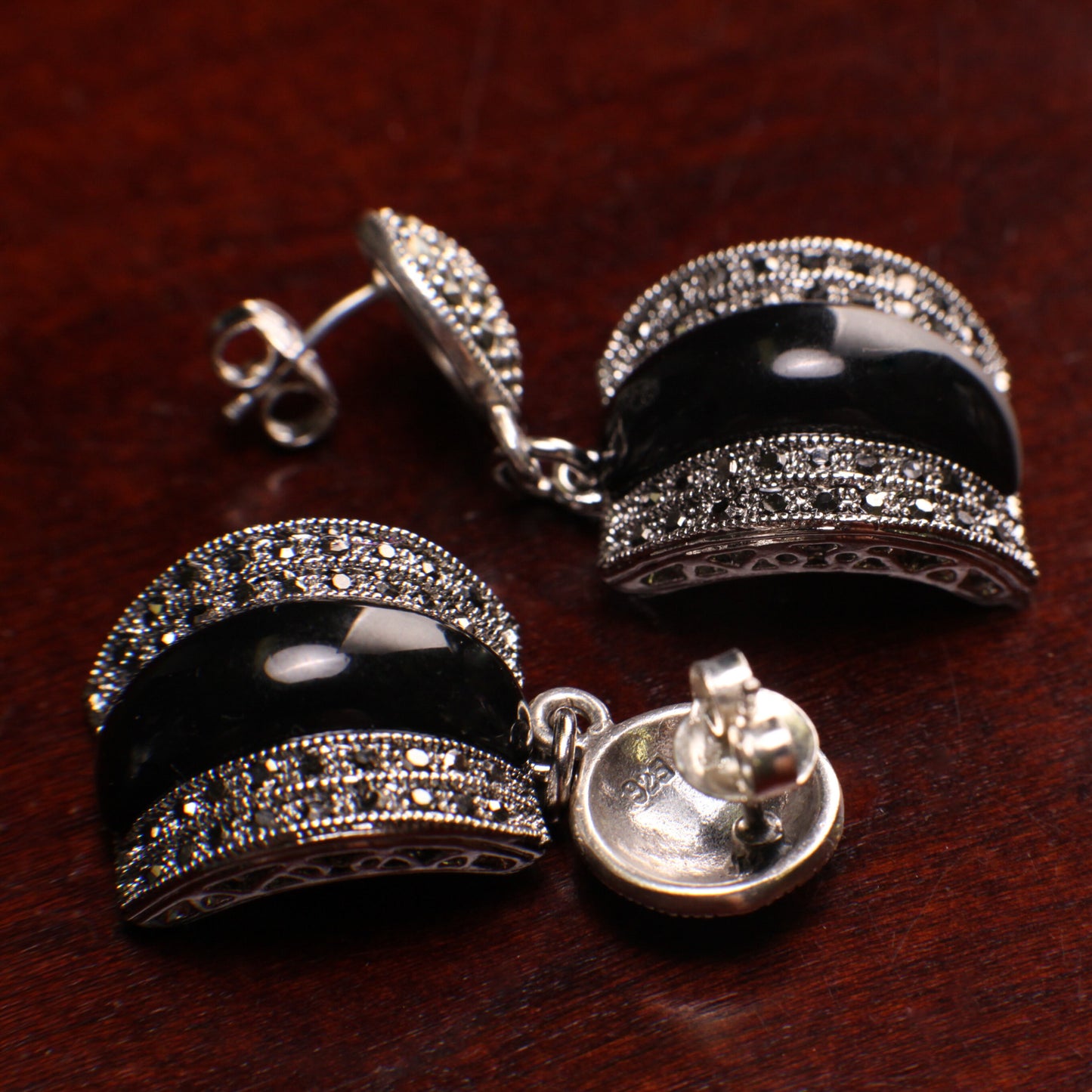 Marcasite Black Onyx Earrings 925 Sterling Silver Post, Vintage, Antique Marcasite Earrings Gift for her