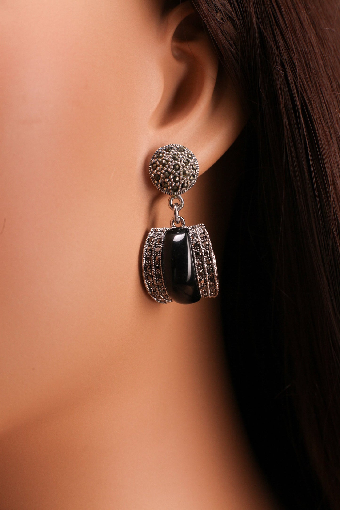 Marcasite Black Onyx Earrings 925 Sterling Silver Post, Vintage, Antique Marcasite Earrings Gift for her