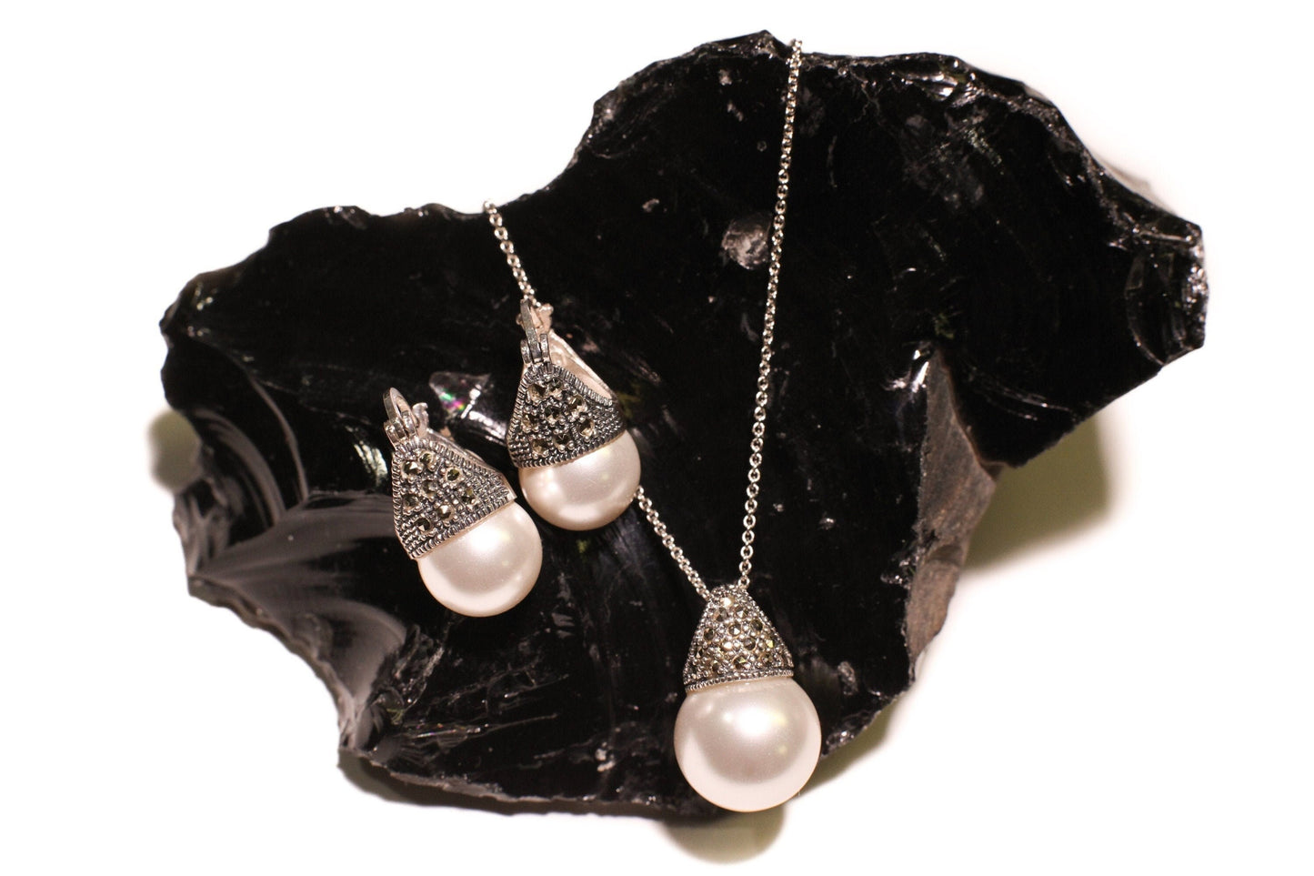Sterling Silver Marcasite with Pearl 14mm Pendant, 12mm Earrings, Sterling Silver Cable Chain Necklace Jewelry Set, 925 Stamped