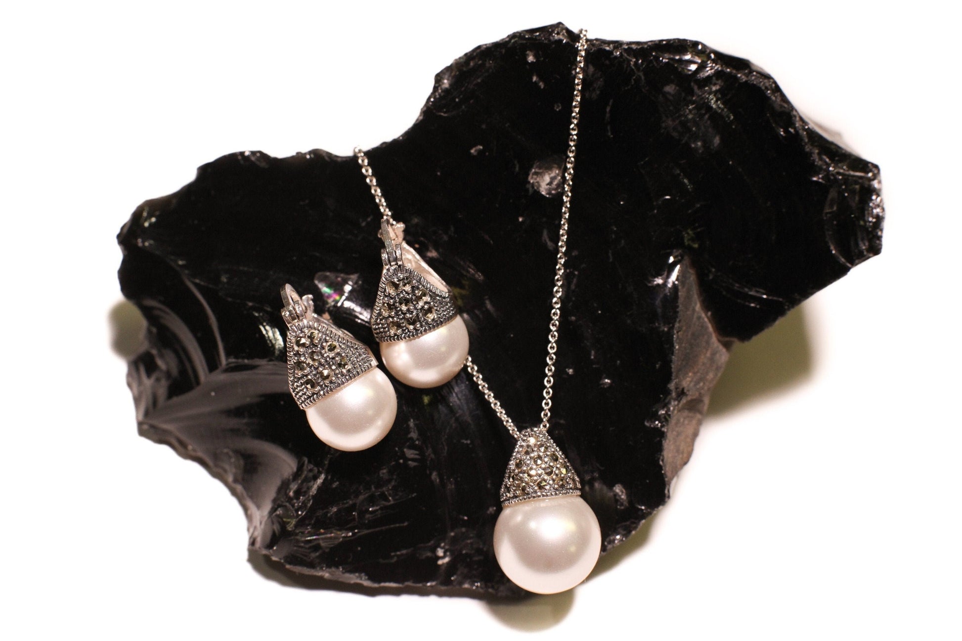 Sterling Silver Marcasite with Pearl 14mm Pendant, 12mm Earrings, Sterling Silver Cable Chain Necklace Jewelry Set, 925 Stamped