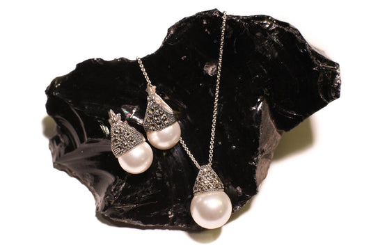 Sterling Silver Marcasite with Pearl 14mm Pendant, 12mm Earrings, Sterling Silver Cable Chain Necklace Jewelry Set, 925 Stamped