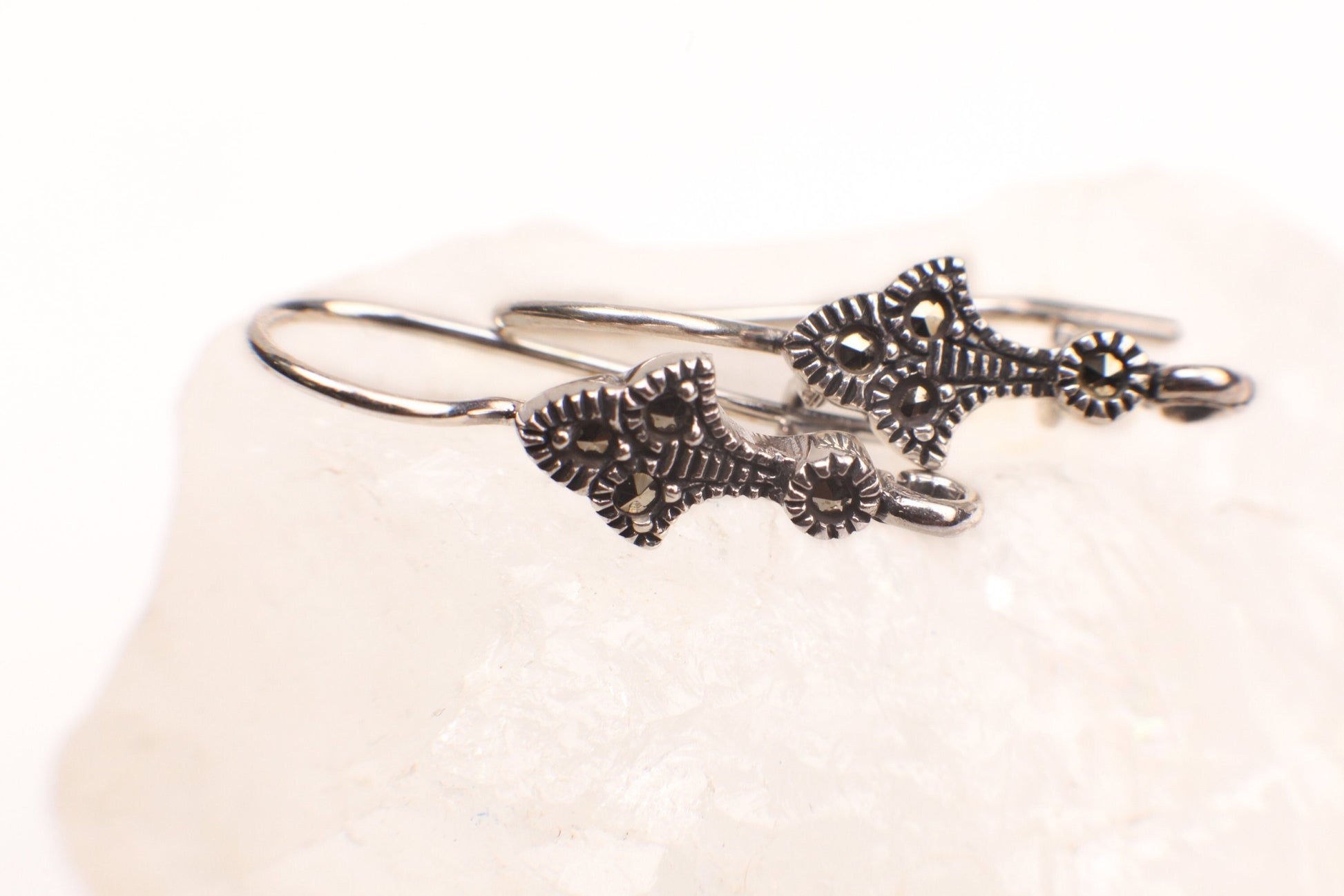 Marcasite 925 Sterling Silver French Lever Earring Hooks Findings 25mm long Vintage Marcasite Earwires Findings, 925 stamped, Sold by pair.