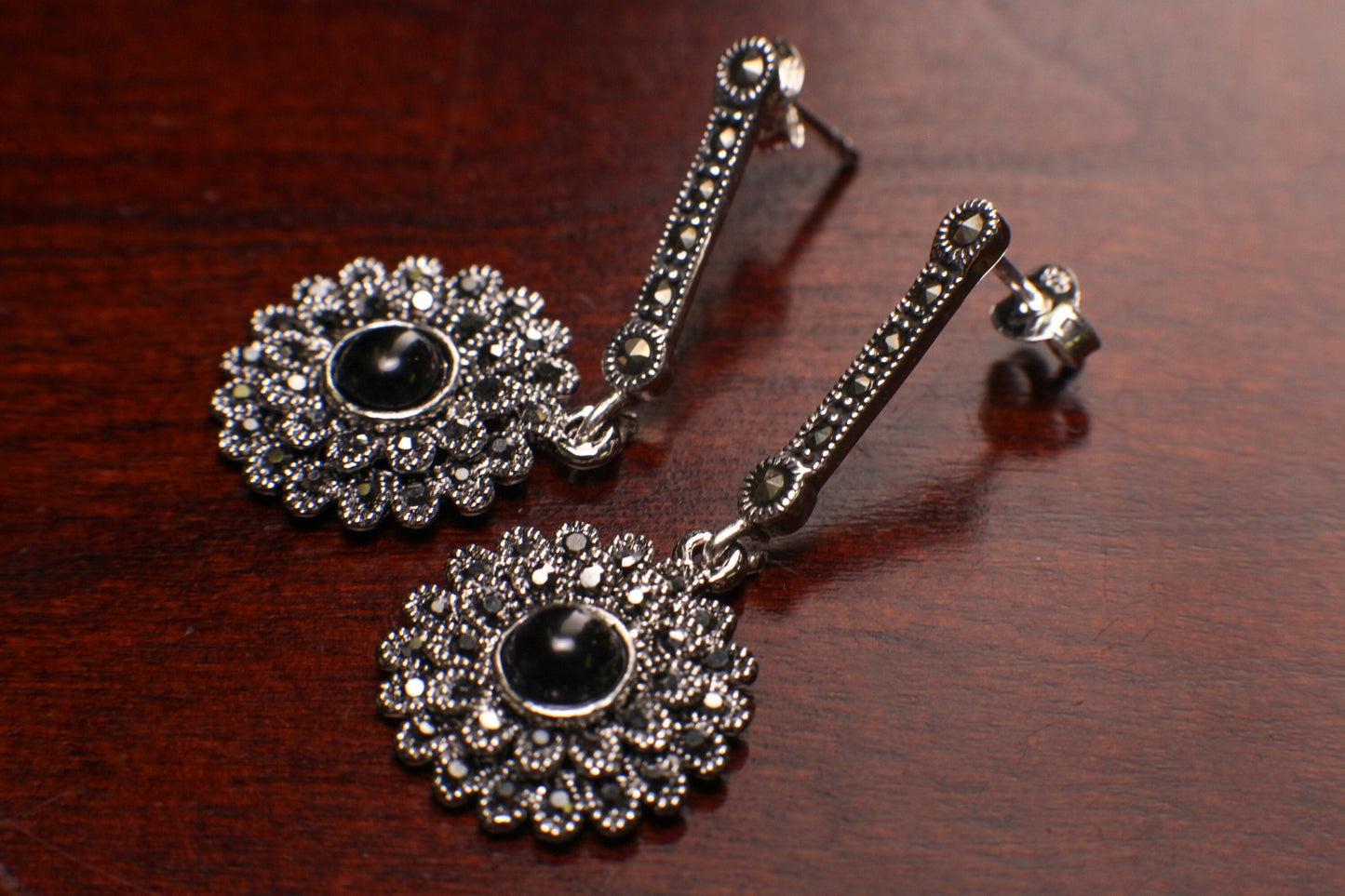 925 Sterling Silver Black Onyx 17mm Fancy Marcasite dangling stud earrings. 925 stamped, Antique vintage gift for her