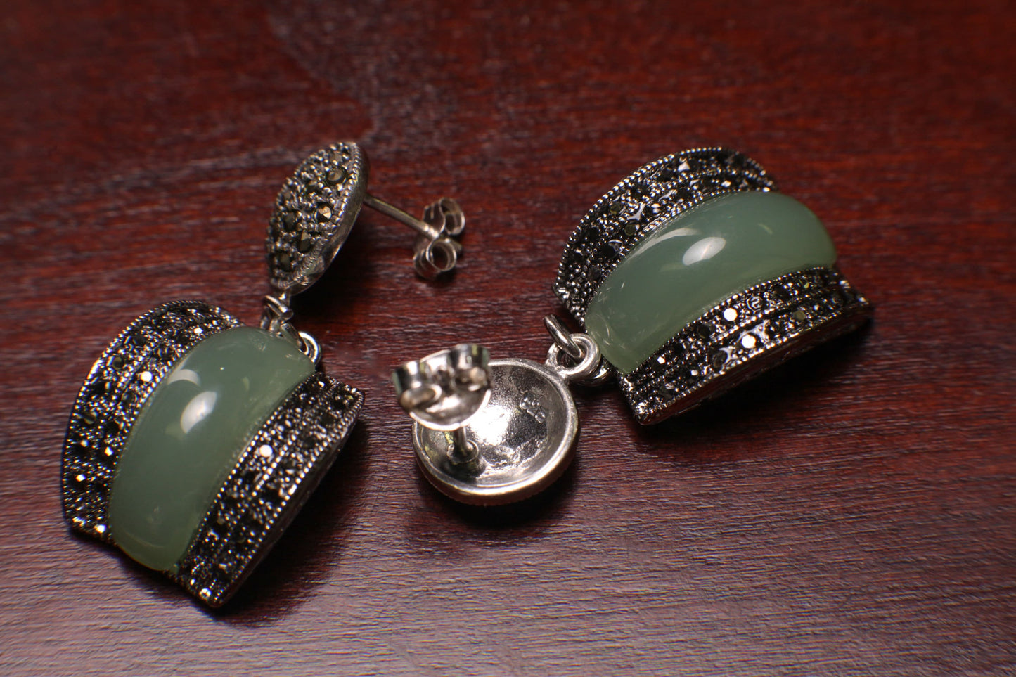 Marcasite Jade Earrings 925 Sterling Silver Post Earrings, Vintage, Antique Marcasite Earrings Gift for her