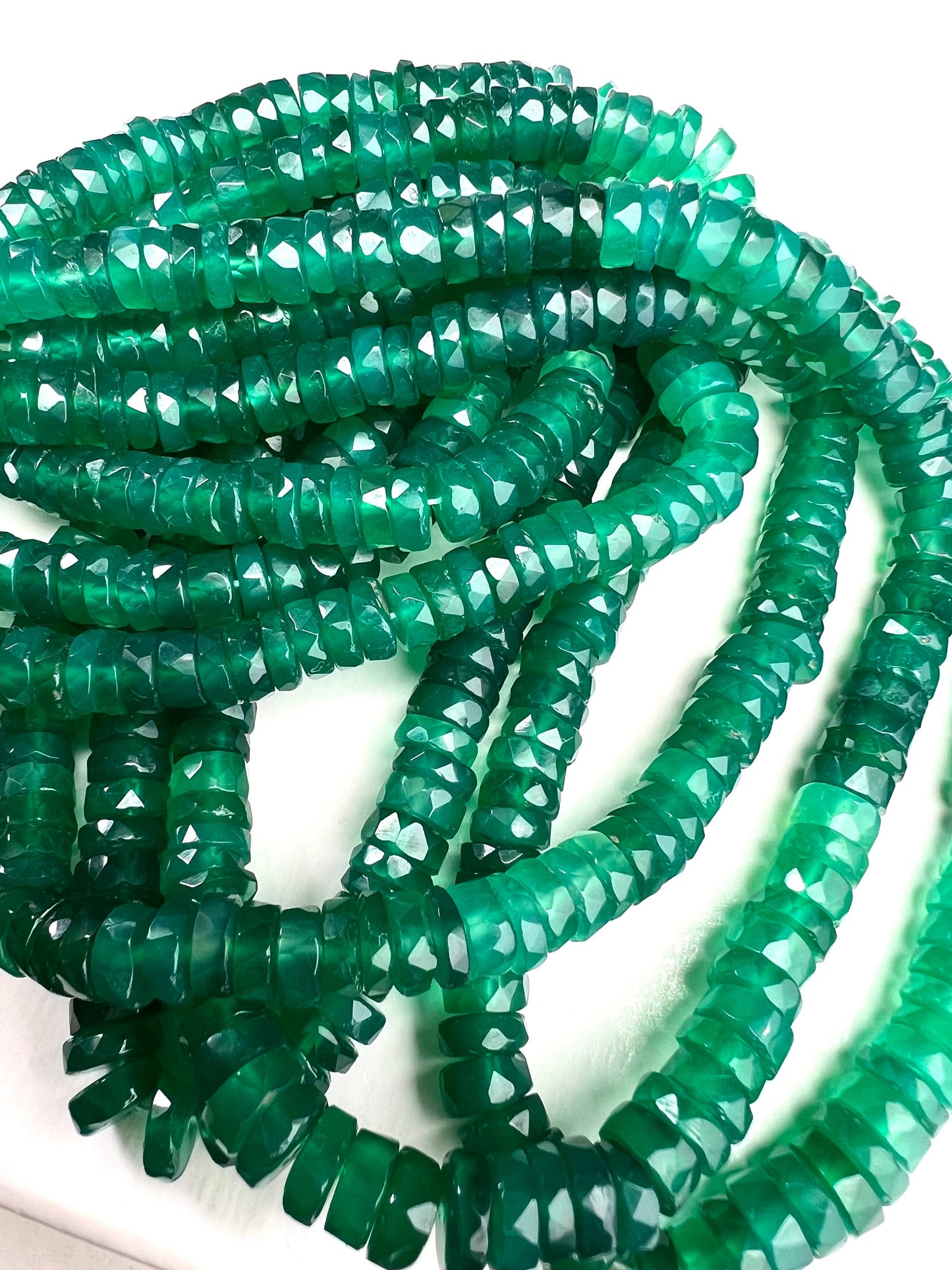 Natural Green Onyx shaded Faceted tyre heishi 7-7.5mm beads AAA quality beautiful green beauty beads 4”,8” strand