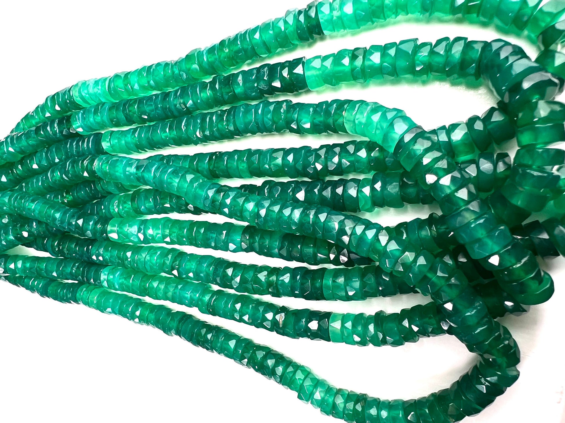 Natural Green Onyx shaded Faceted tyre heishi 7-7.5mm beads AAA quality beautiful green beauty beads 4”,8” strand