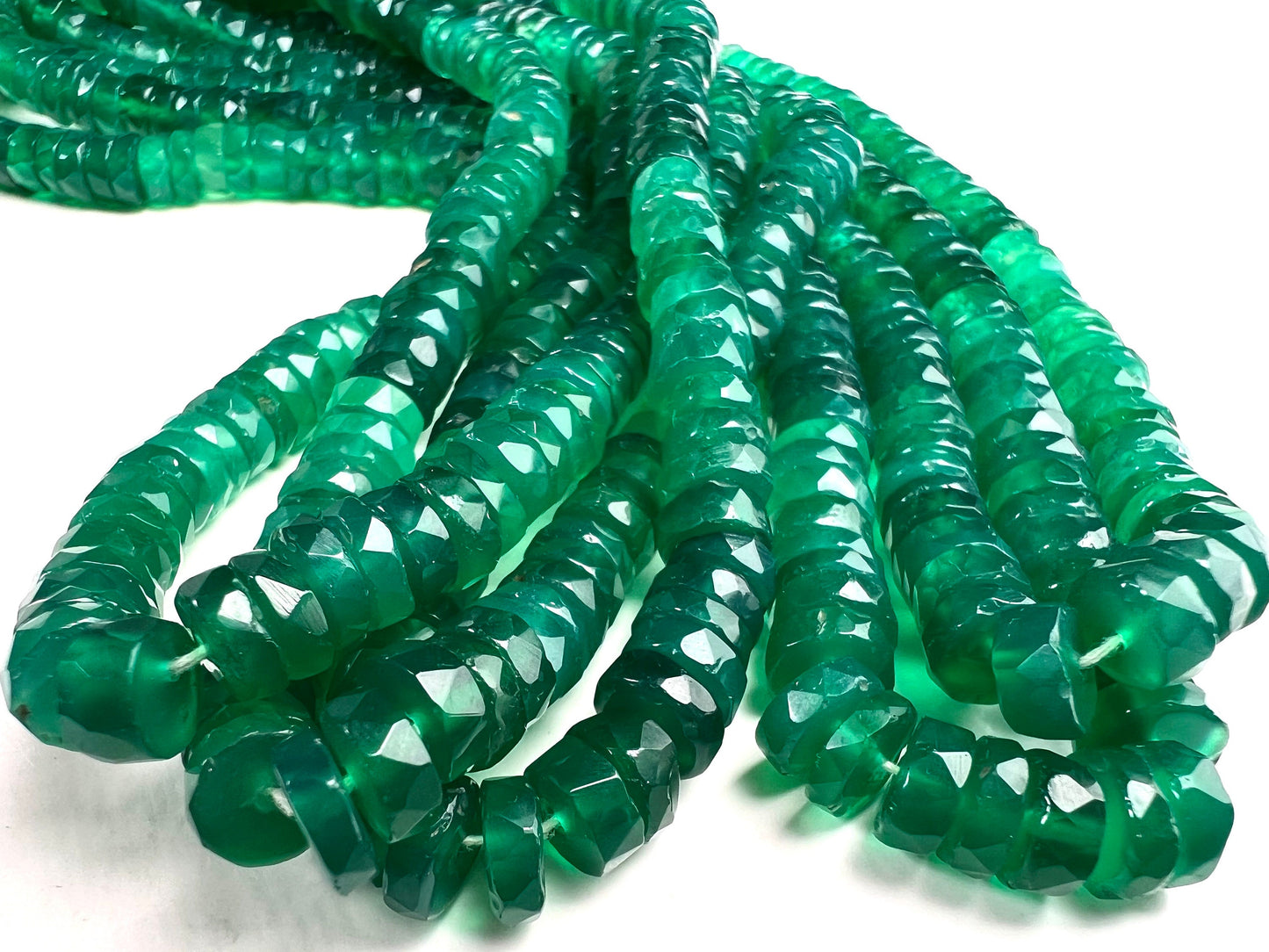 Natural Green Onyx shaded Faceted tyre heishi 7-7.5mm beads AAA quality beautiful green beauty beads 4”,8” strand