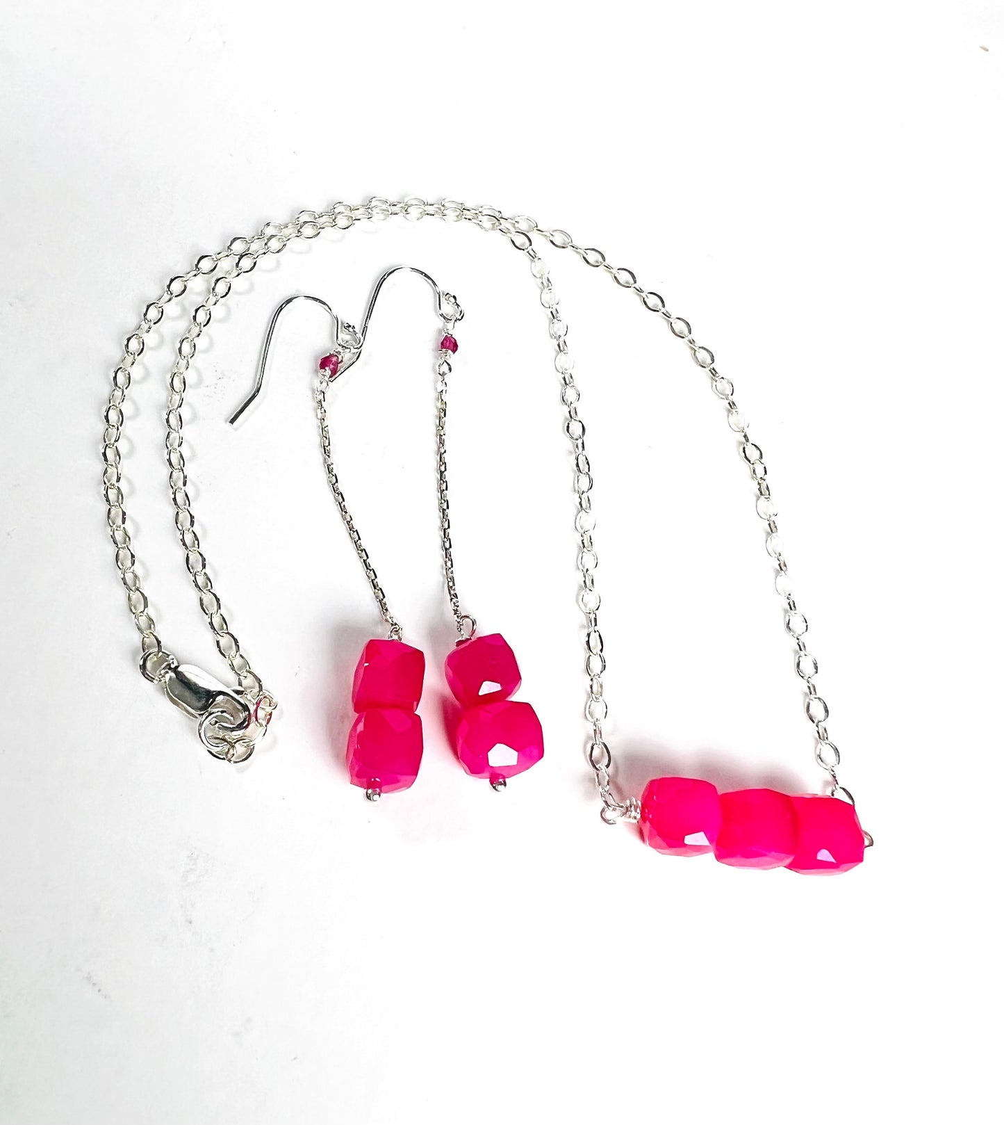 Hot Pink Chalcedony 7.5-8mm Cube 925 Sterling Silver Matching Earrings Set, Beautiful Fuschia Hot Pink Valentines, Girlfriend gift