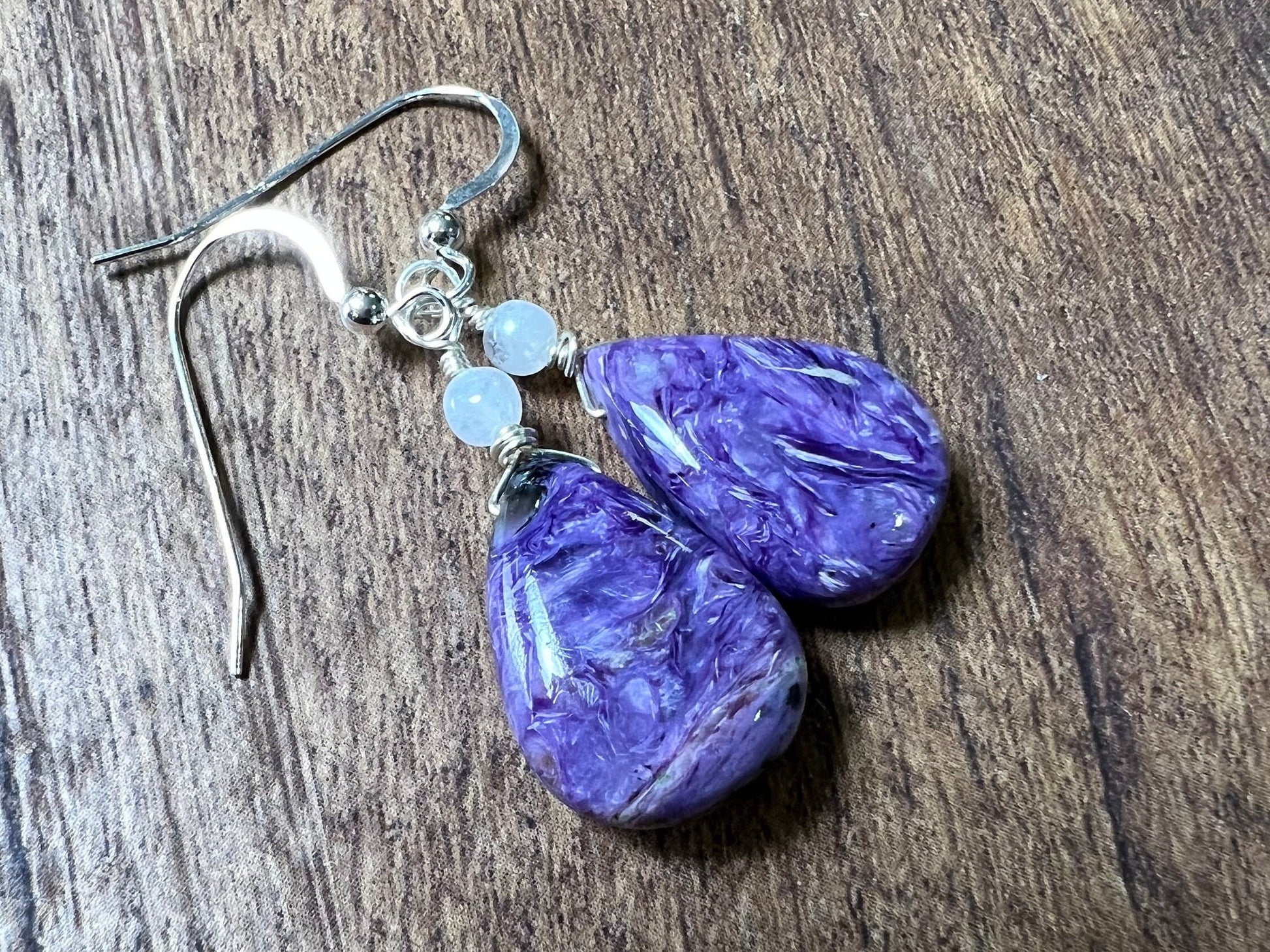 Natural Charolite smooth drop ,moonstone top spacer 925 sterling silver dangle earring. Beautiful rare AAA quality Rare Gemstone earring