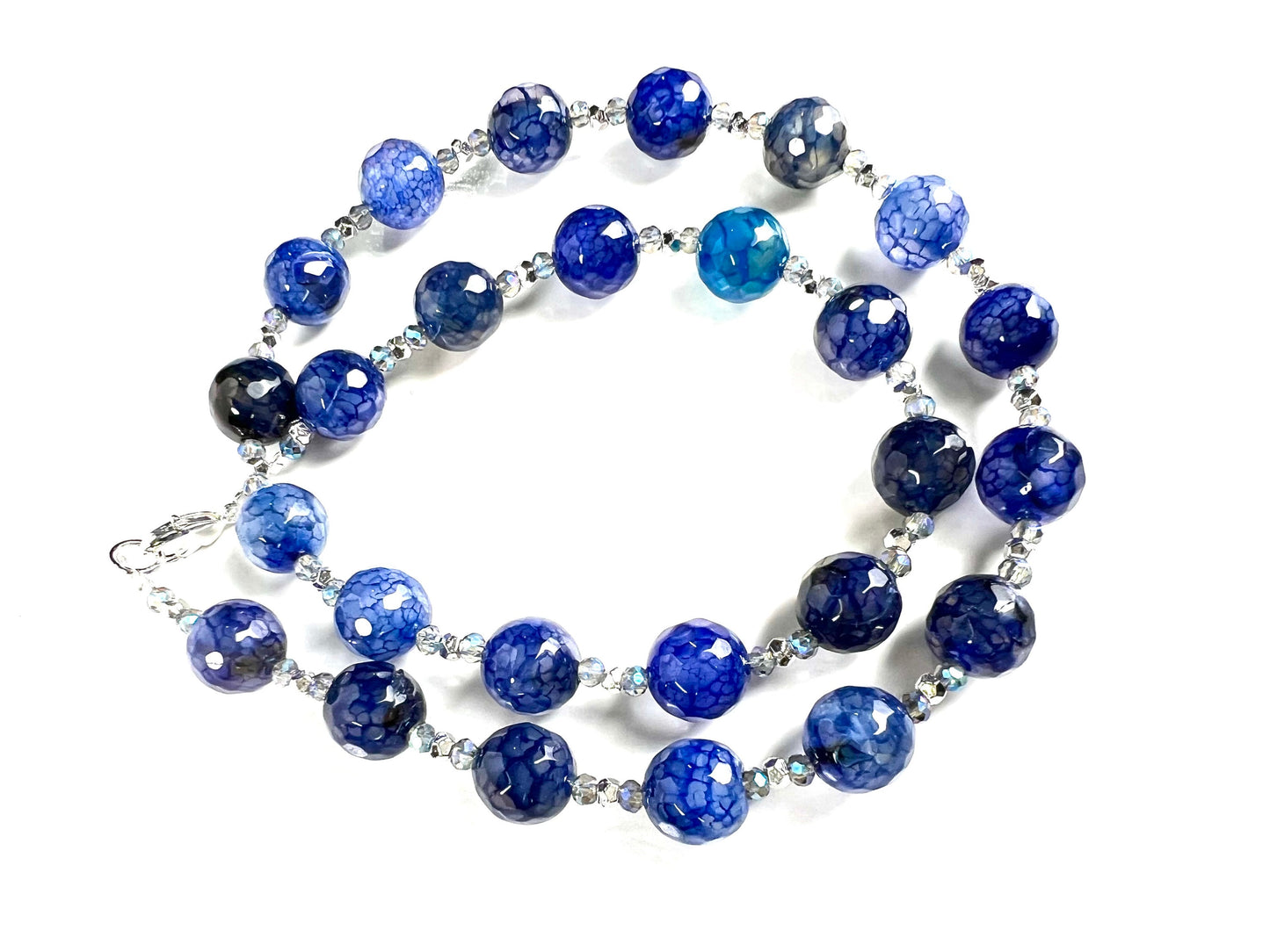 Faceted Fire Agate Natural Blue Round 10mm Bead Gemstones Necklace Silver spacer and clasp with optional 2" Extender