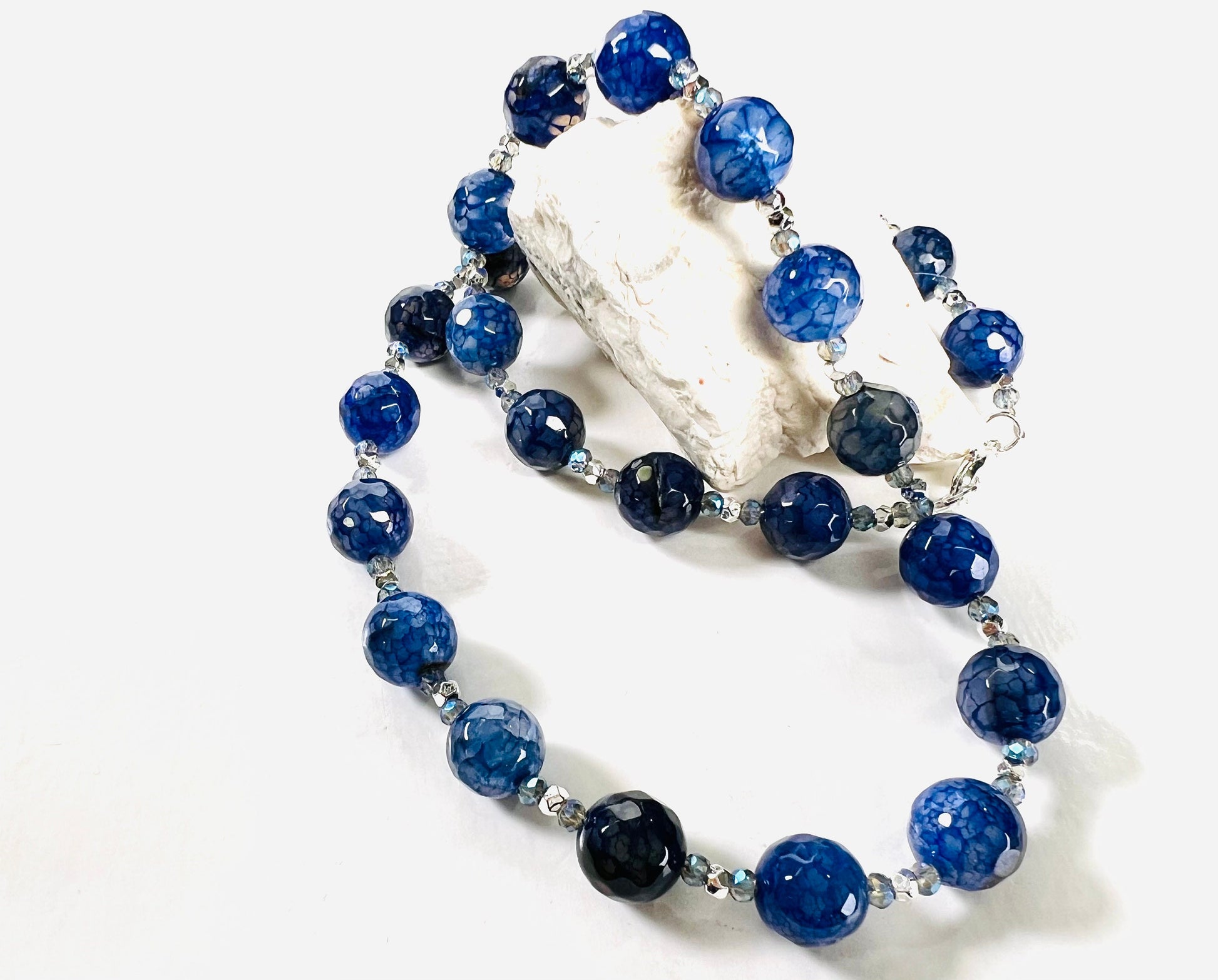 Faceted Fire Agate Natural Blue Sapphire 8mm Round Bead Gemstones Necklace Silver spacer and clasp with optional 2" Extender