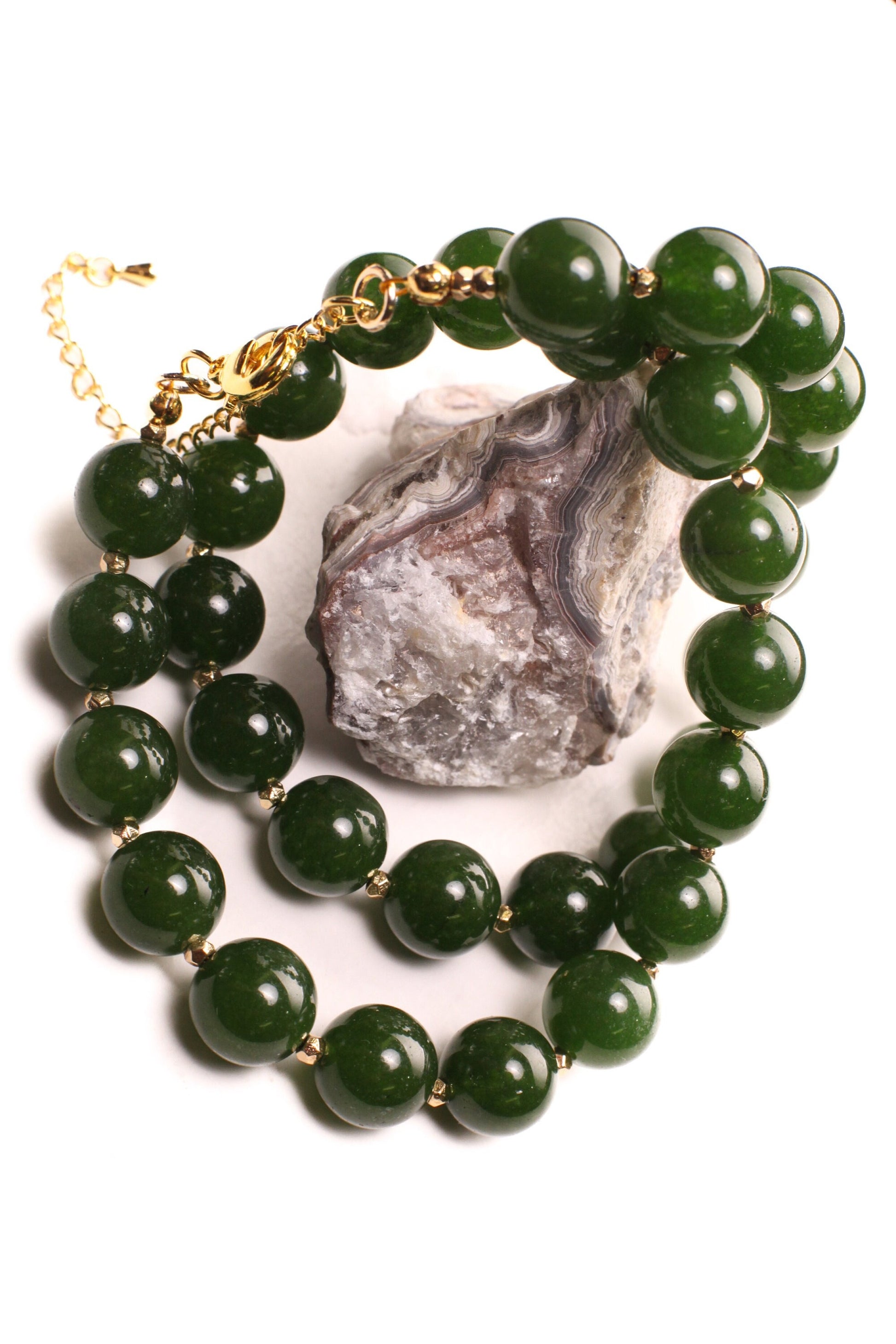 Canadian Nephrite Jade 12mm 18"Gold Necklace with 3" Extension Chain. High Quality Natural Jade smooth polished Bead. Gift for Mom