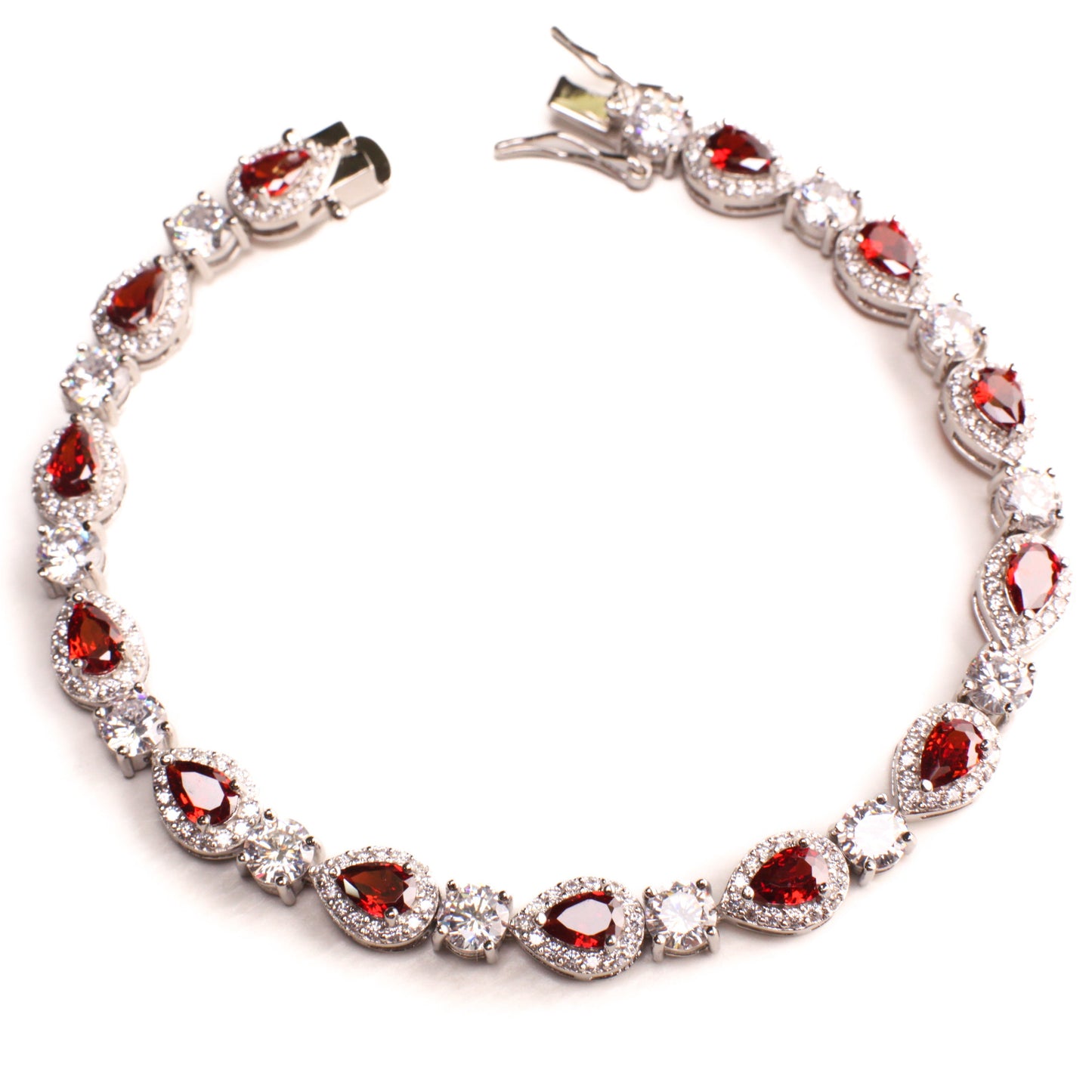 Garnet Teardrop shape Prong Setting CZ Diamond 925 Sterling Silver Tennis Bracelet with double Safety Lock 7.5"