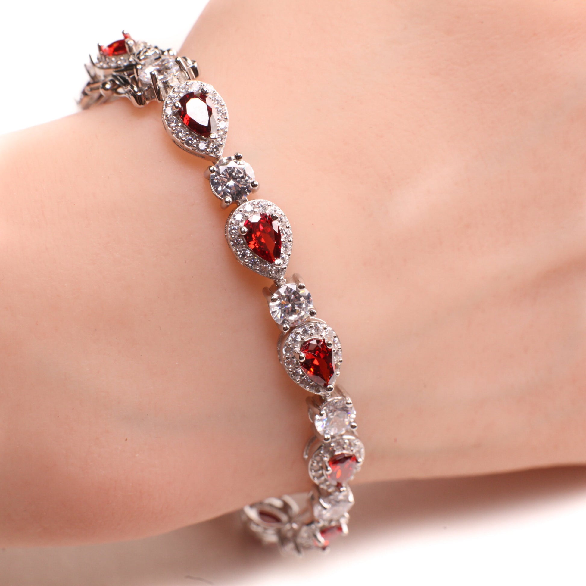 Garnet Teardrop shape Prong Setting CZ Diamond 925 Sterling Silver Tennis Bracelet with double Safety Lock 7.5"