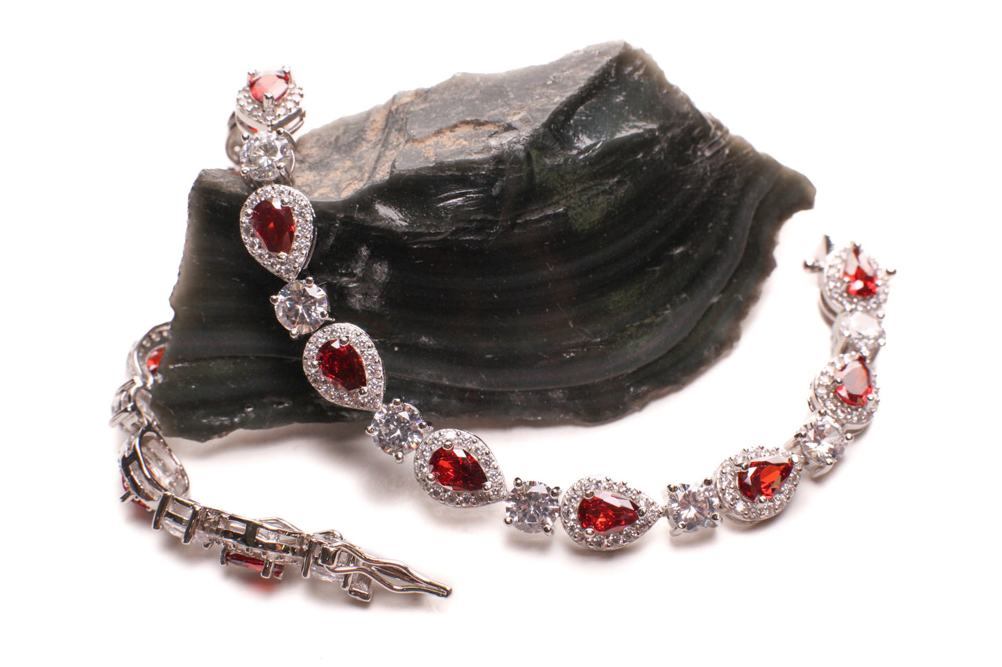 Garnet Teardrop shape Prong Setting CZ Diamond 925 Sterling Silver Tennis Bracelet with double Safety Lock 7.5"