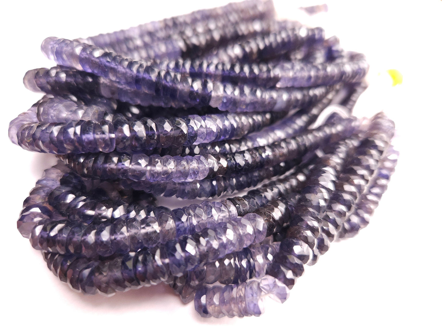 Natural Iolite Micro Faceted heishi wheel tyre beads, shaded denim blue beautiful Rare Gemstone 6.5-8mm Jewelry making beads 7”,14”