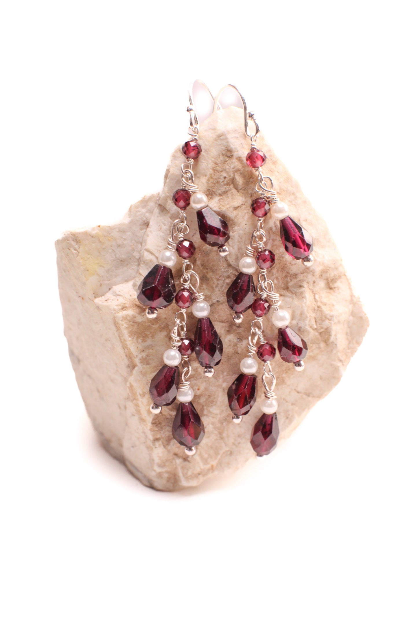 Genuine Garnet Faceted Dangling Teardrop Wire Wrapped Pearl Spacers Earrings, 925 Sterling Silver, Valentine, Bridesmaid, Gift For Her