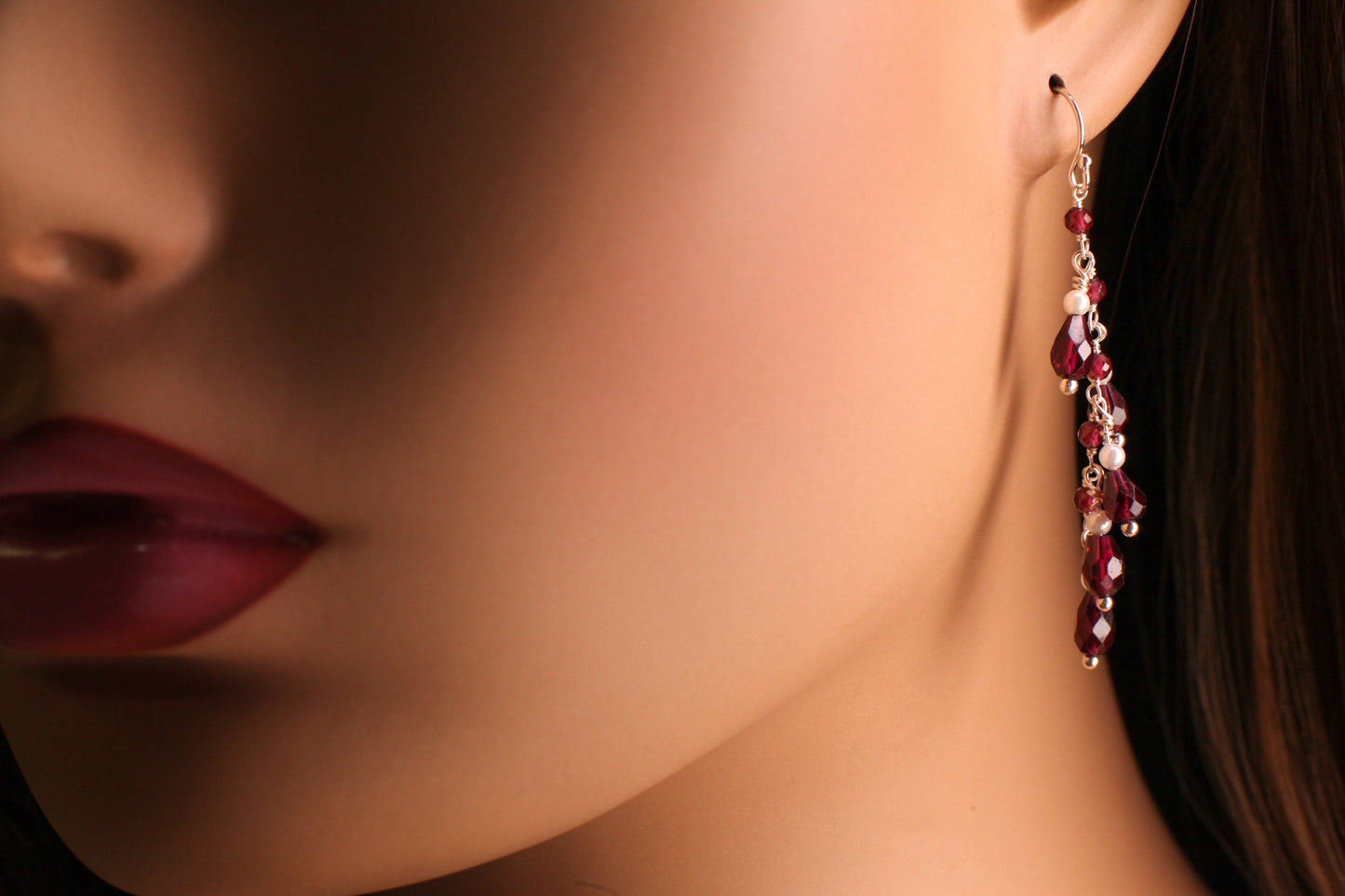 Genuine Garnet Faceted Dangling Teardrop Wire Wrapped Pearl Spacers Earrings, 925 Sterling Silver, Valentine, Bridesmaid, Gift For Her