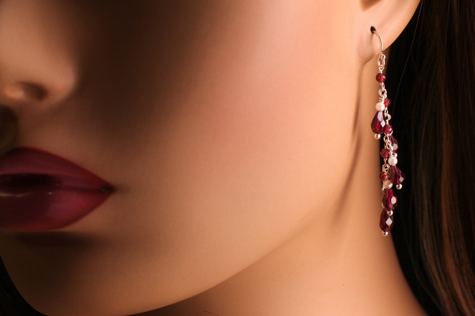 Genuine Garnet Faceted Dangling Teardrop Wire Wrapped Pearl Spacers Earrings, 925 Sterling Silver, Valentine, Bridesmaid, Gift For Her