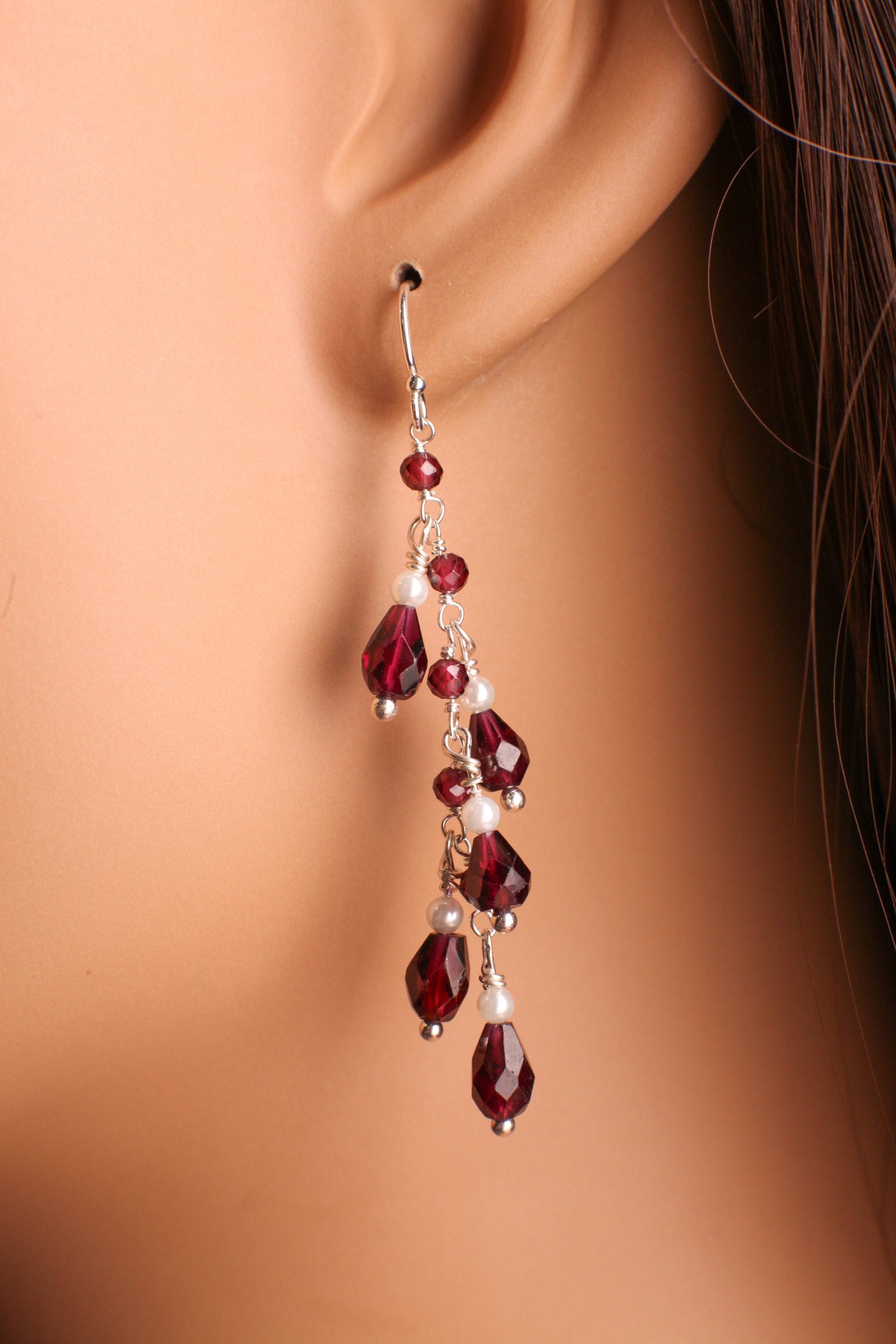 Genuine Garnet Faceted Dangling Teardrop Wire Wrapped Pearl Spacers Earrings, 925 Sterling Silver, Valentine, Bridesmaid, Gift For Her
