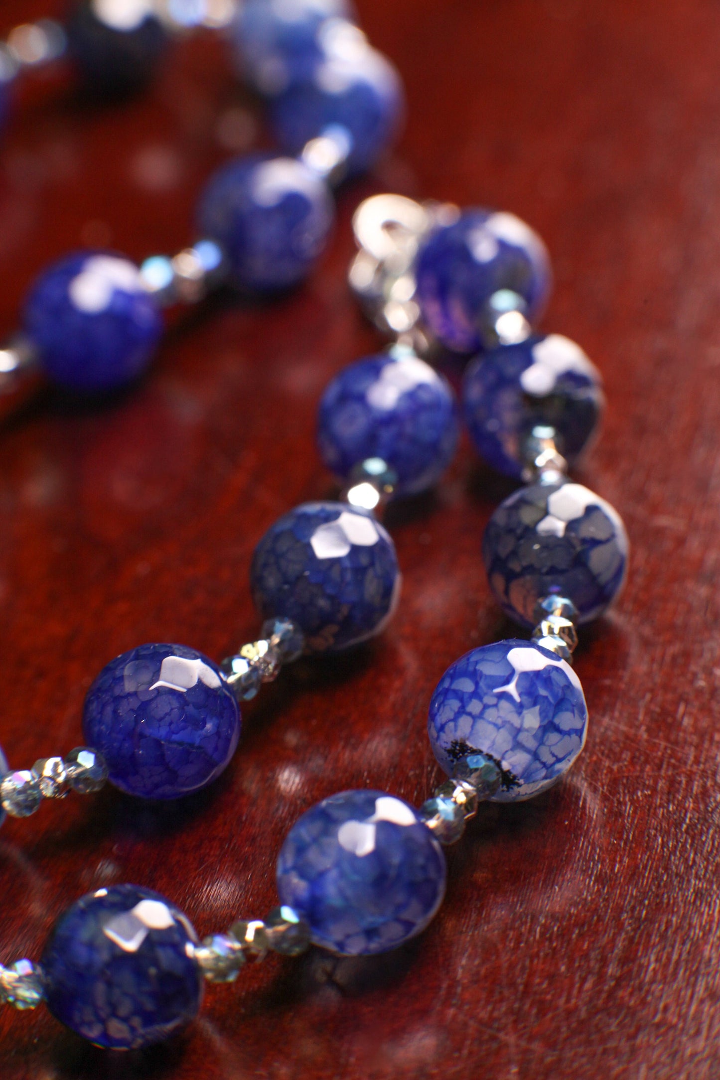 Faceted Fire Agate Natural Blue Sapphire 8mm Round Bead Gemstones Necklace Silver spacer and clasp with optional 2" Extender