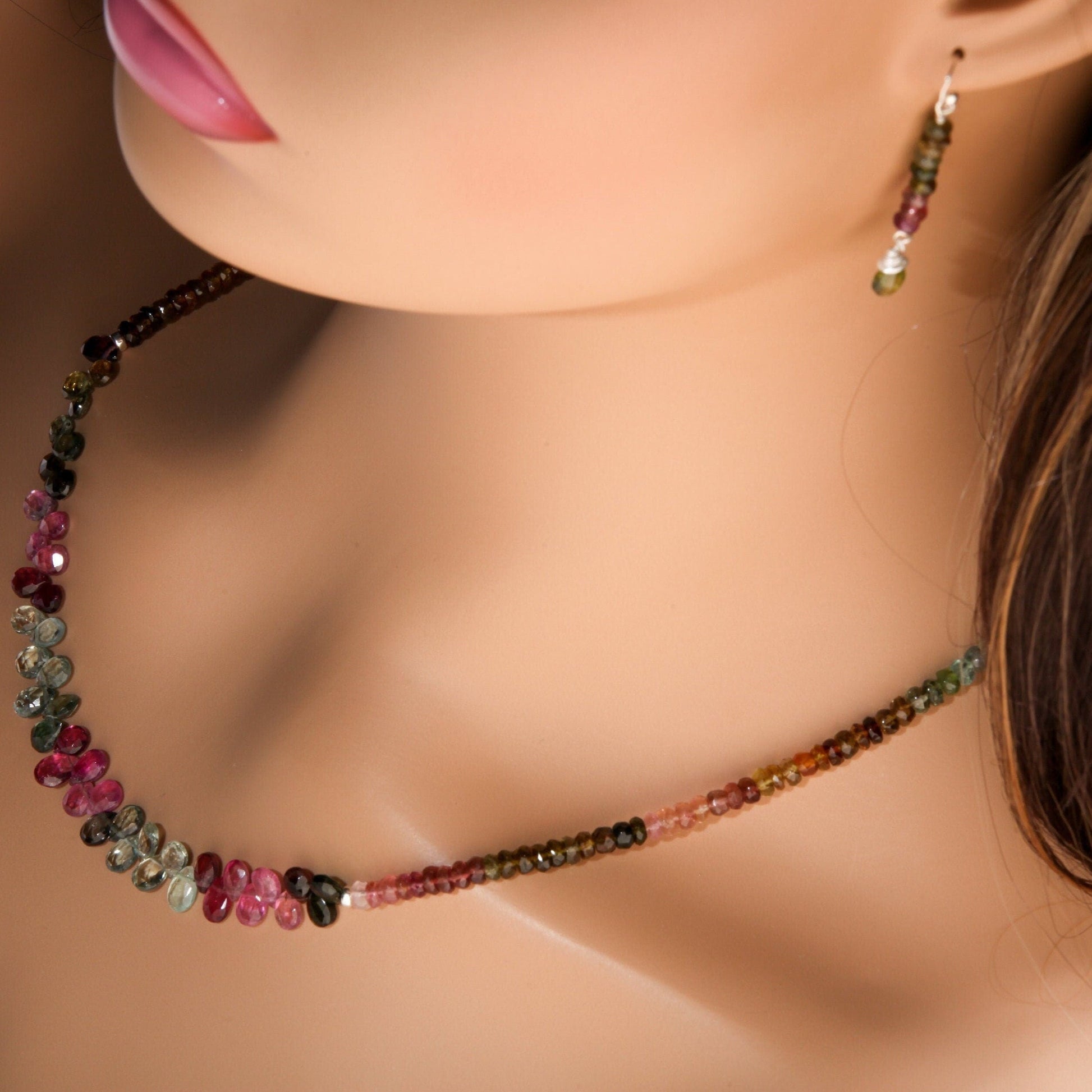 Natural Multi Watermelon Tourmaline AAA Faceted Briolette Teardrop Necklace 20" and matching Earrings Jewelry set in 925 Sterling Silver