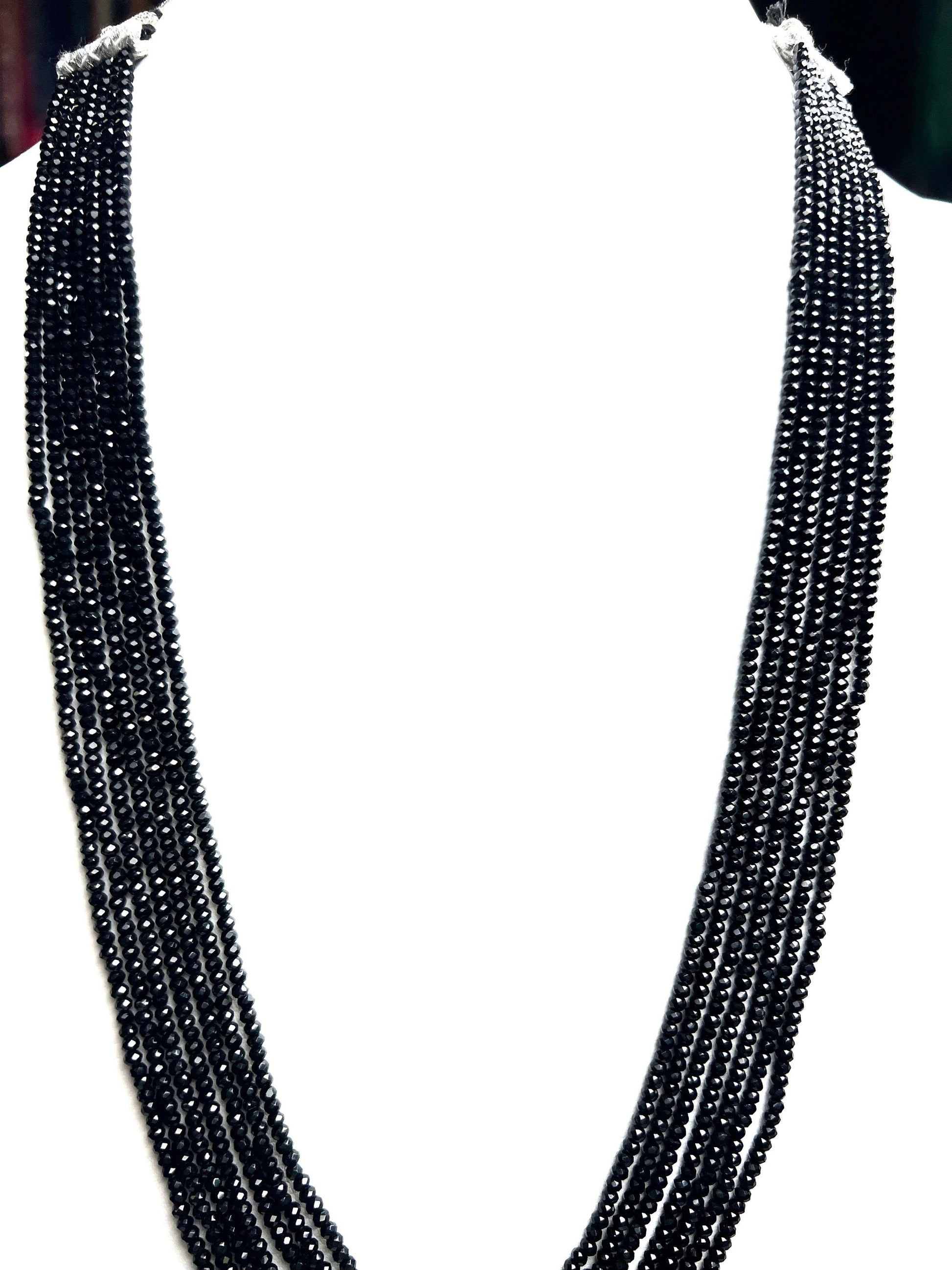 Genuine Black Spinel 7 line necklace, 3mm micro faceted Gemstone 7 line with adjustable thread necklace.
