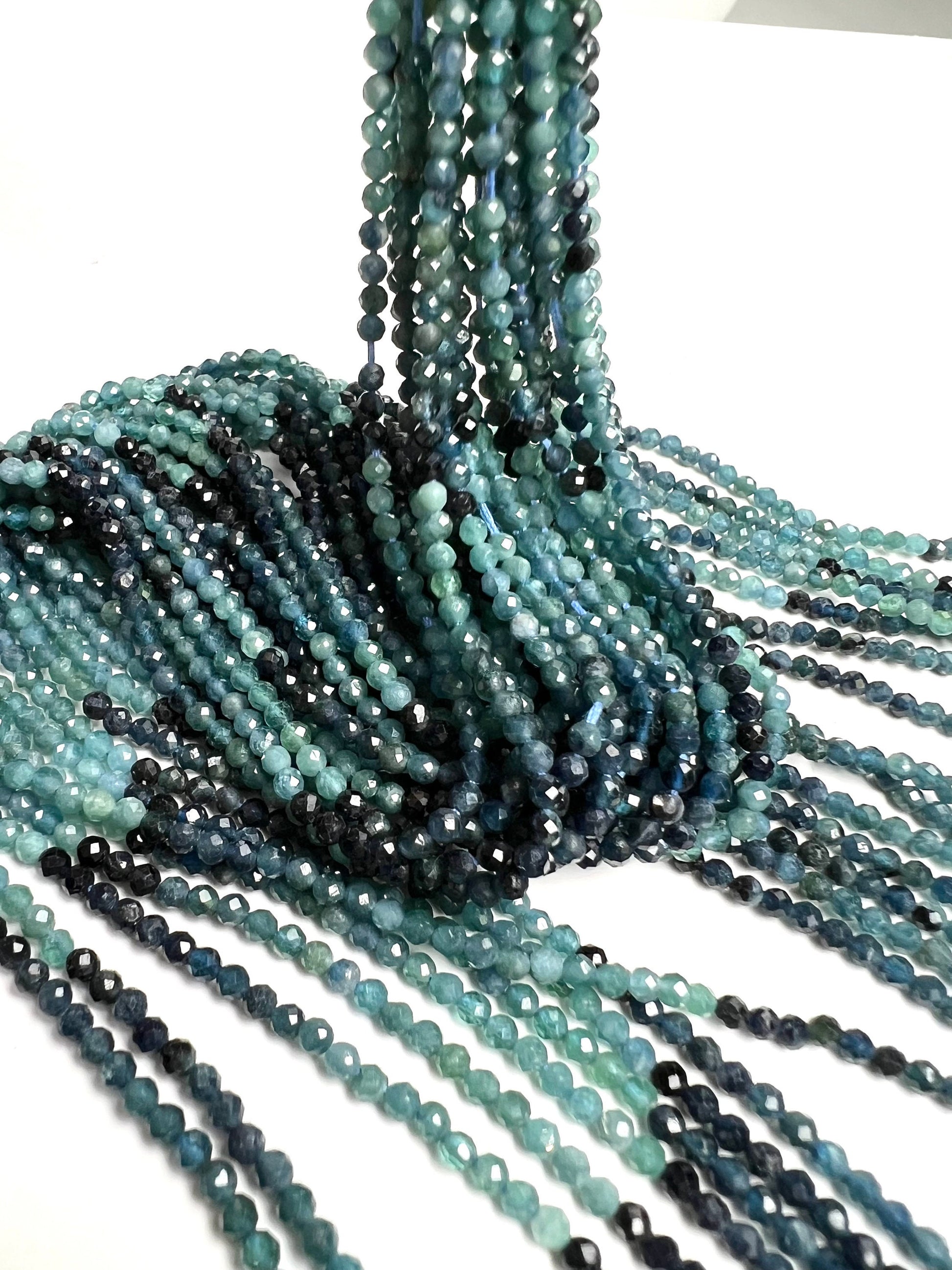 Natural Blue Tourmaline 2.5mm Faceted Round 12" Strand bead, beautiful teal blue shaded blue tourmaline jewelry making bead.