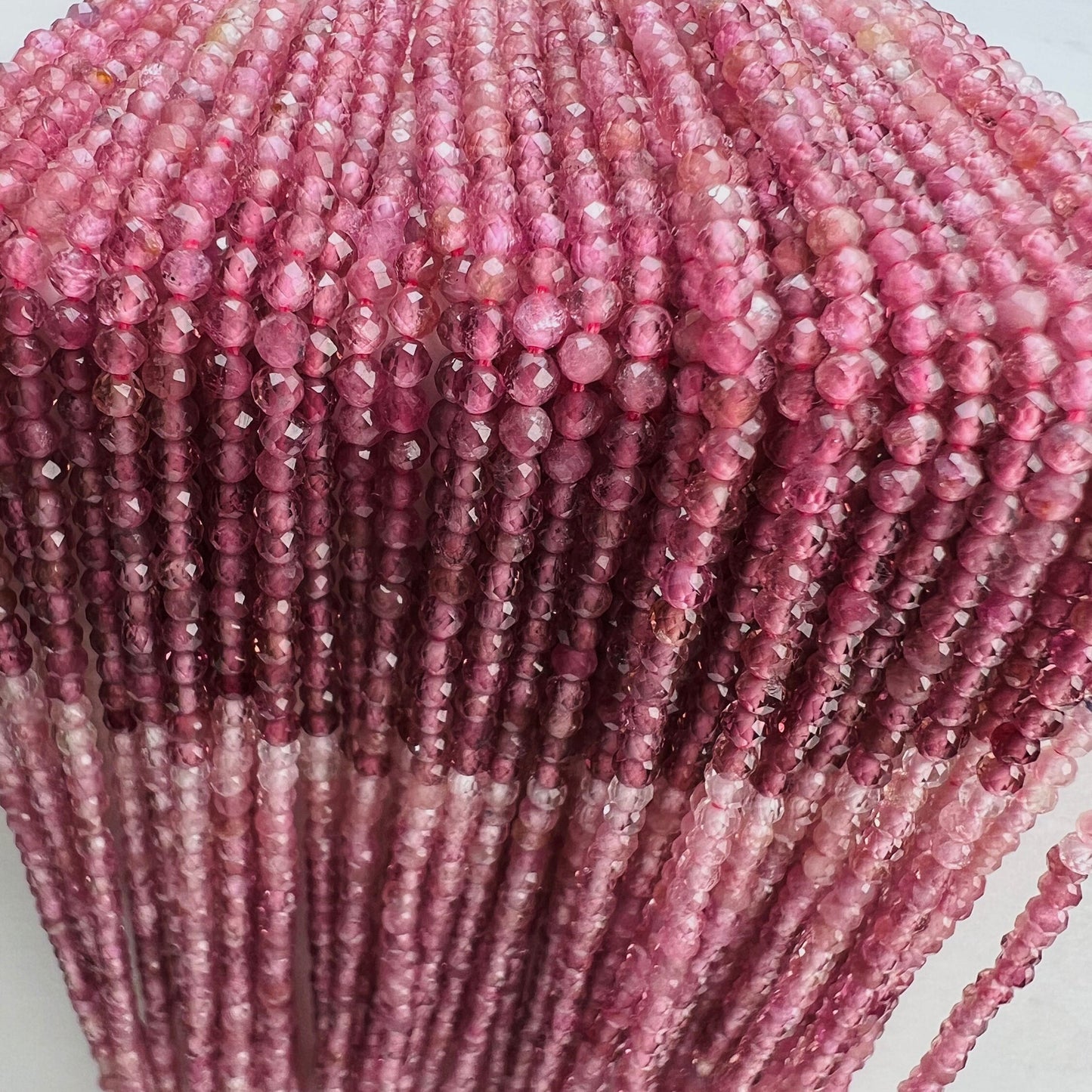 Natural Pink Tourmaline 2.5mm ombré pink shaded Faceted Diamond Micro Cut Round 12.” Strand